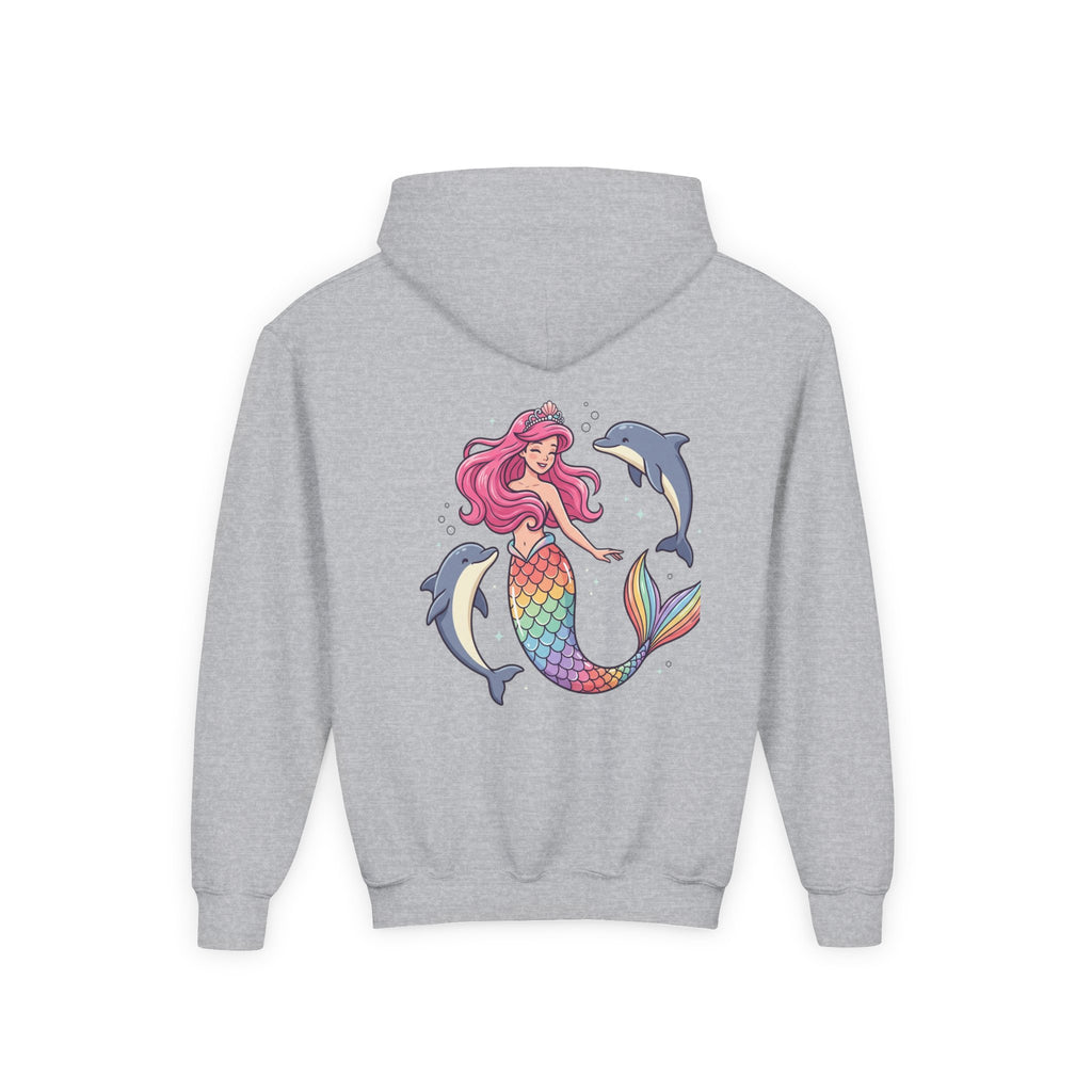 Youth Mermaid Hoodie with Rainbow Tail & Dolphins – Cute Girls' Pullover