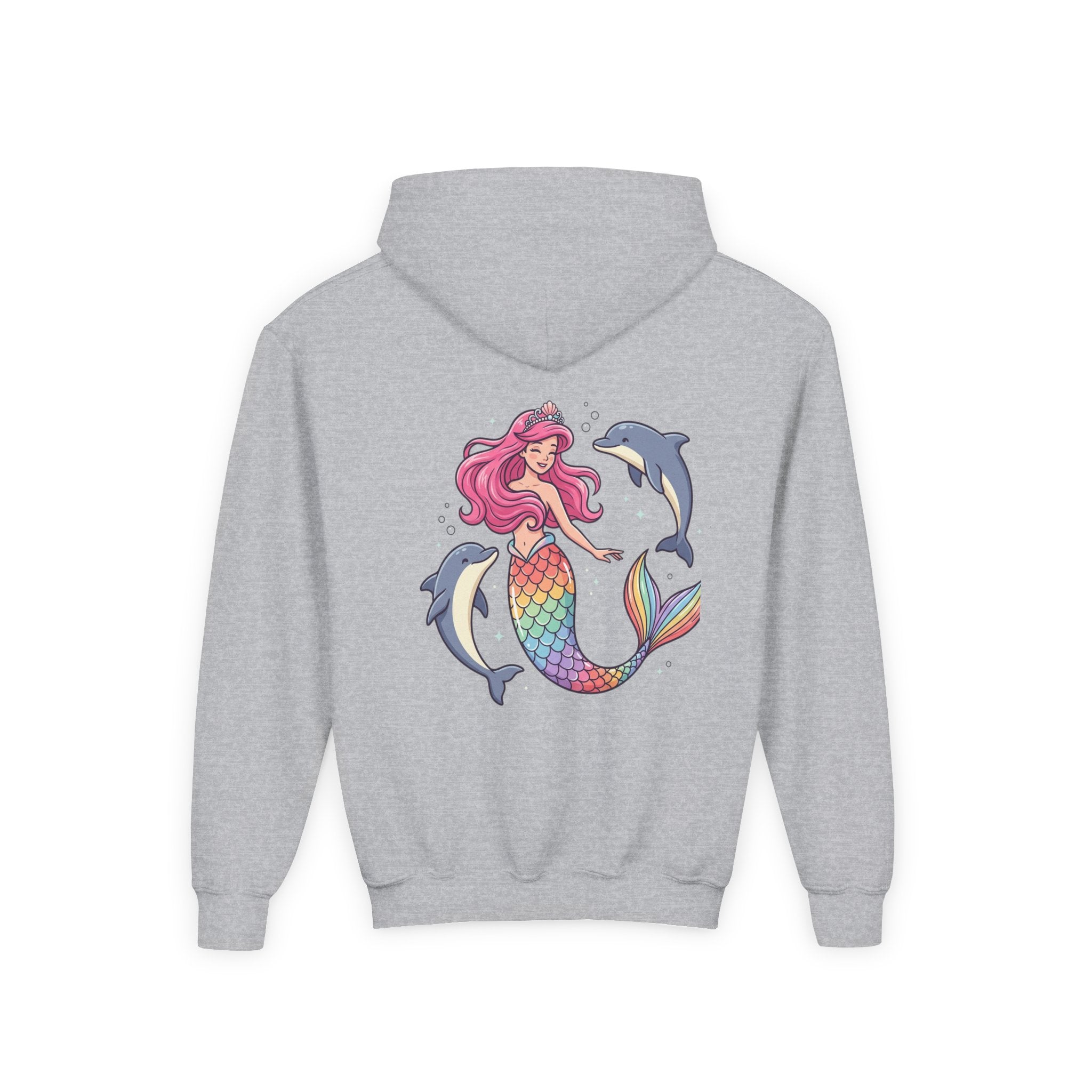 Youth Mermaid Hoodie with Rainbow Tail & Dolphins – Cute Girls' Pullover