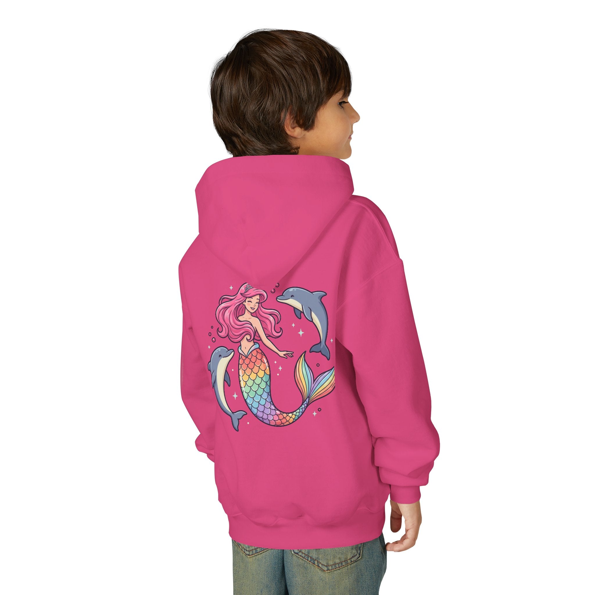 Youth Mermaid Hoodie with Rainbow Tail & Dolphins – Cute Girls' Pullover