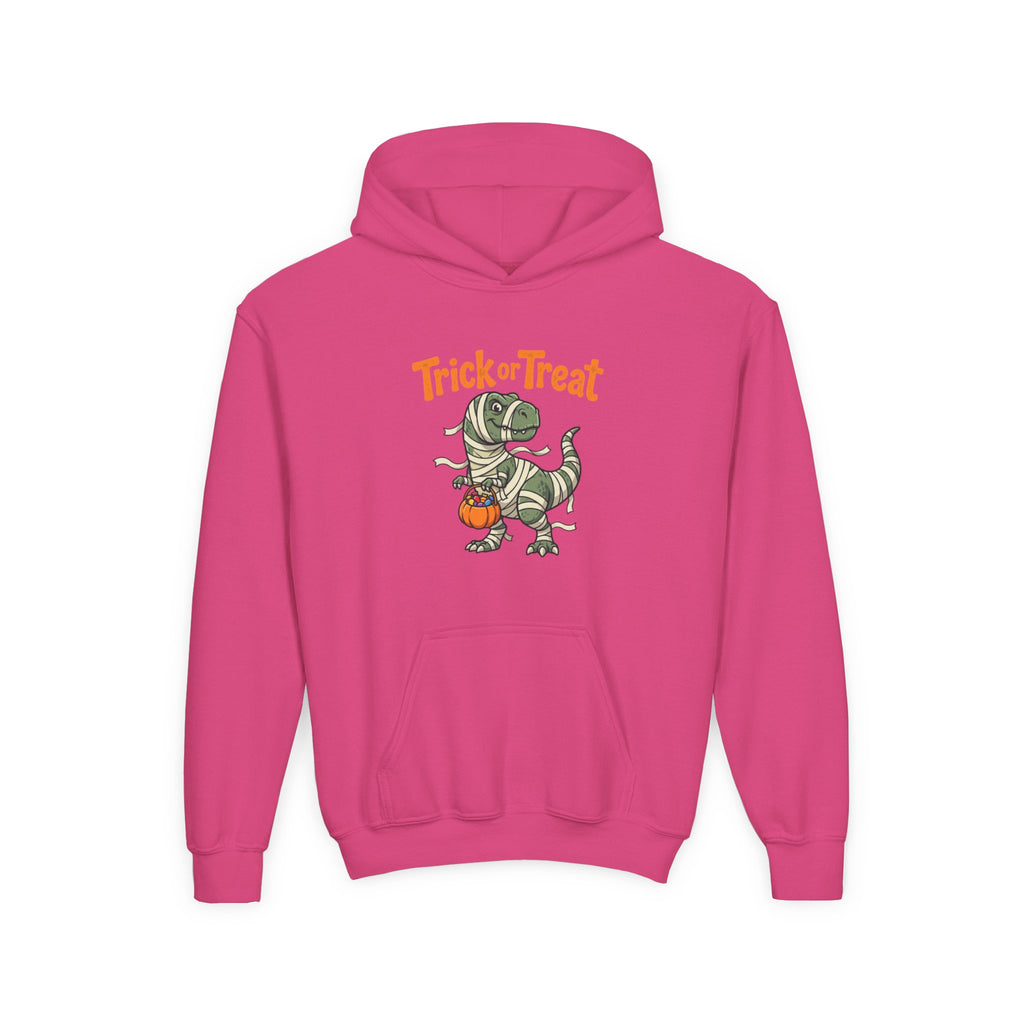 Halloween Mummy T-Rex Youth Hoodie — "Trick or Treat" Dinosaur Kids Sweatshirt