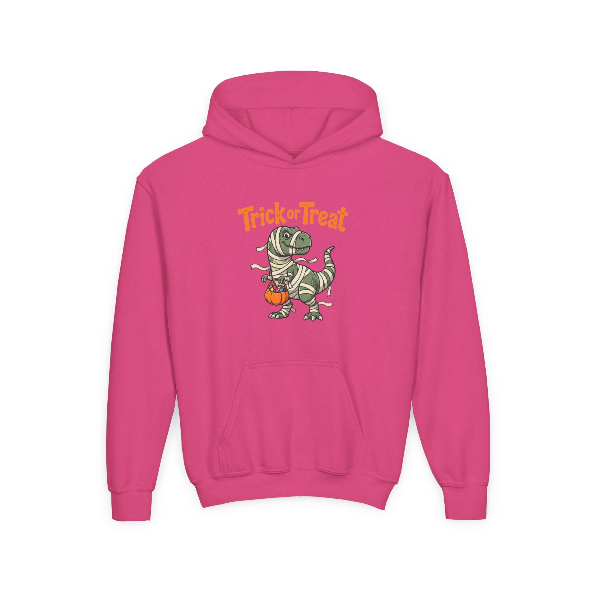 Halloween Mummy T-Rex Youth Hoodie — "Trick or Treat" Dinosaur Kids Sweatshirt