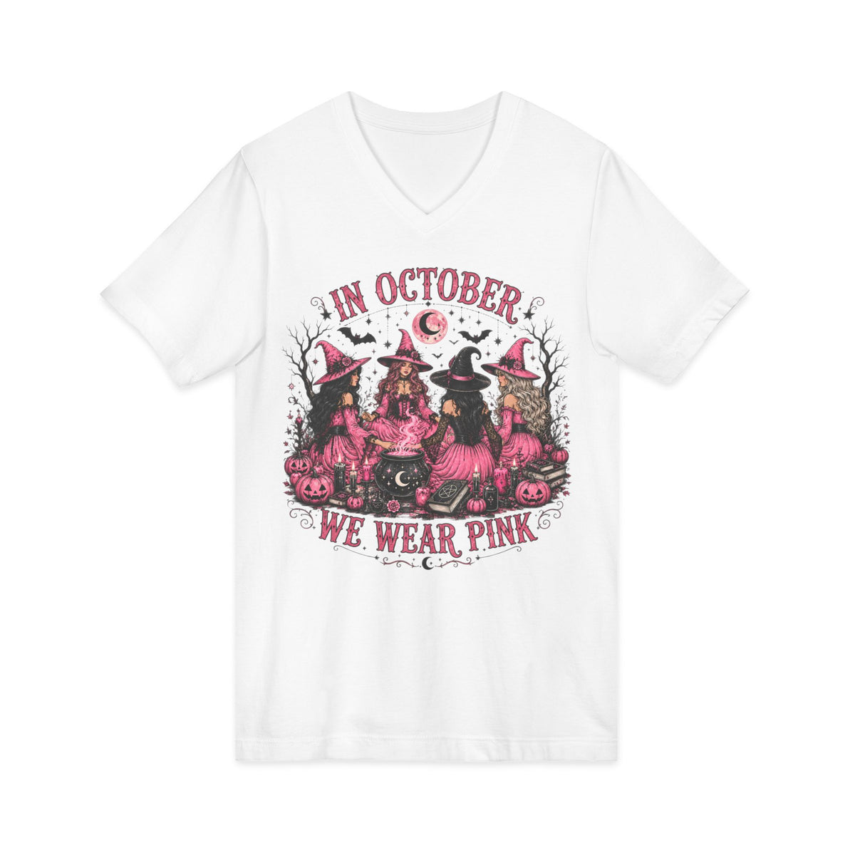 October We Wear Pink Halloween Tee — Breast Cancer Awareness Witch Design