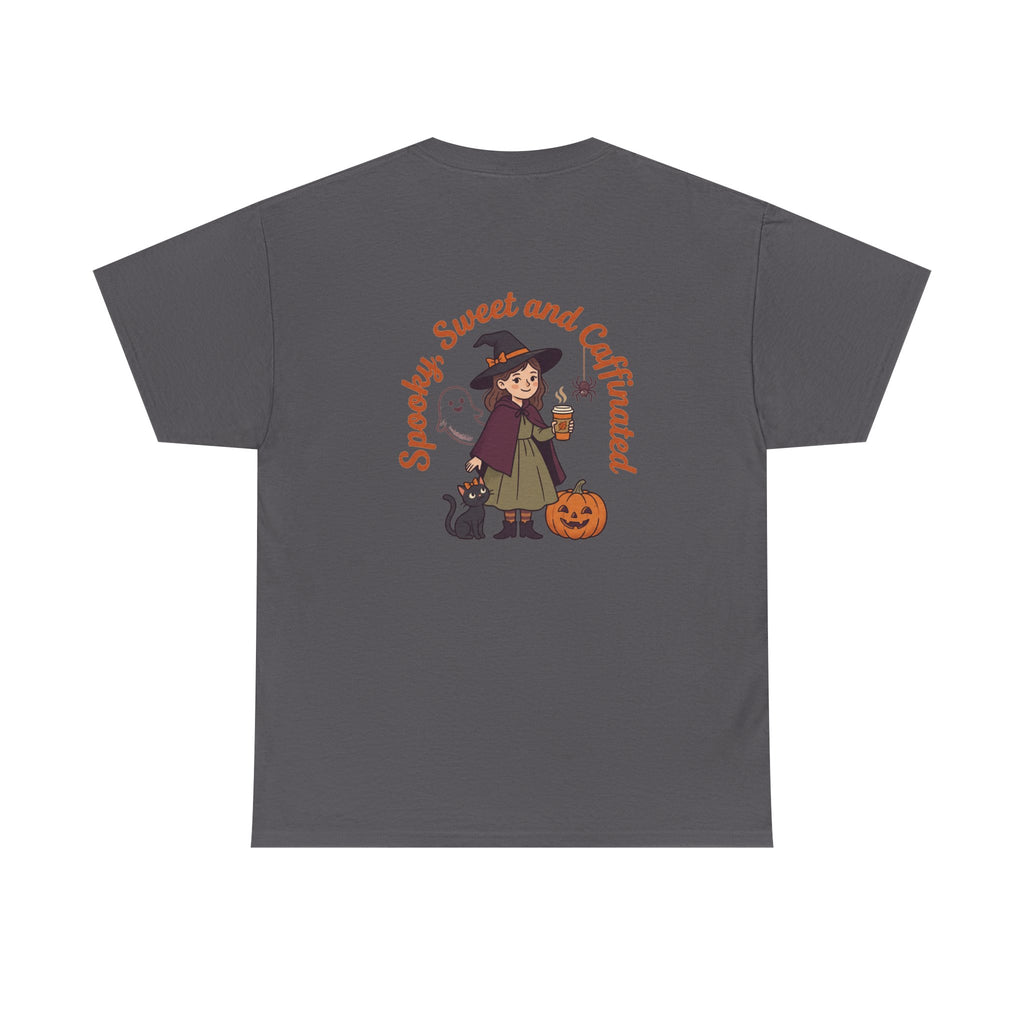 Spooky Sweet and Caffeinated Tee | Witch with Pumpkin and Cat