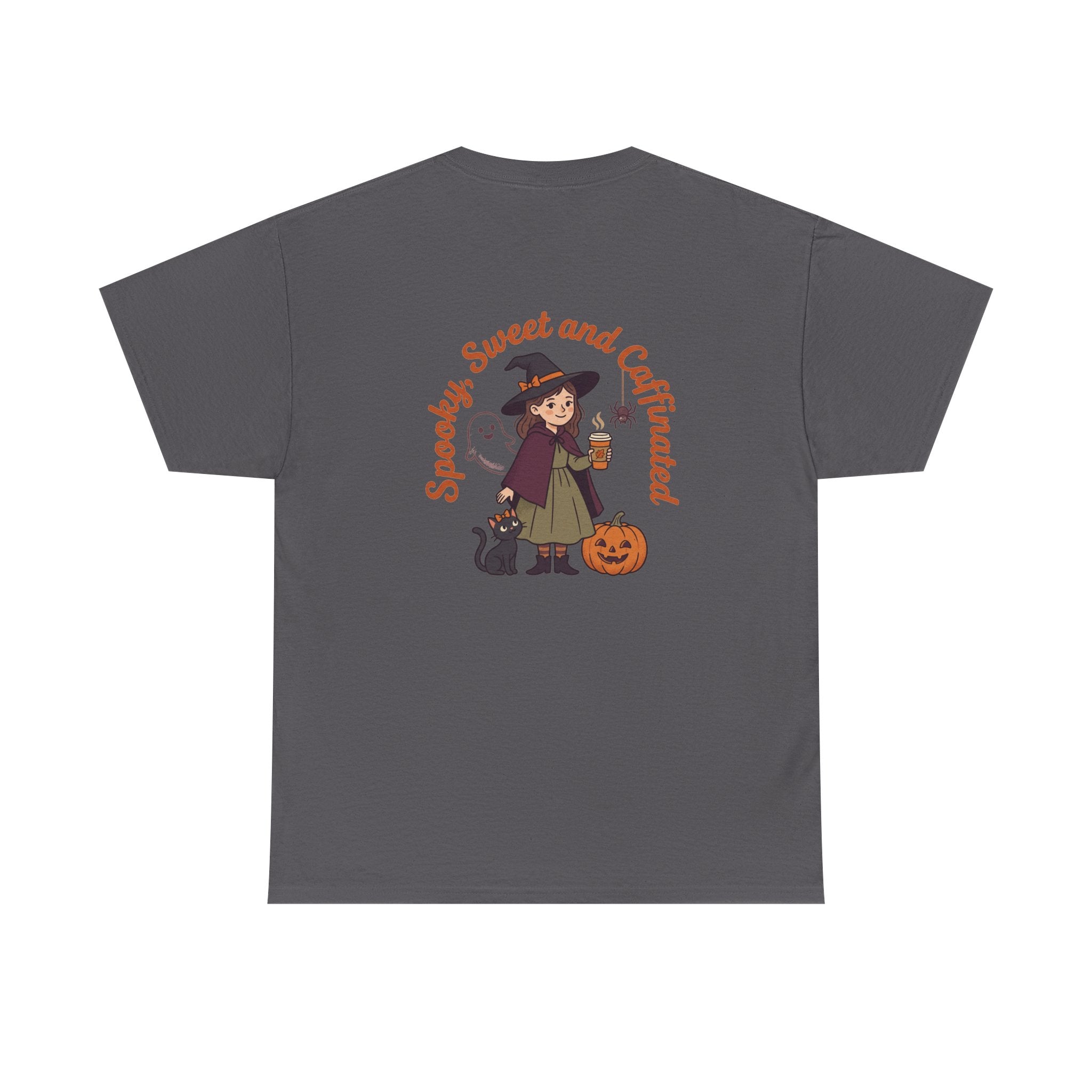 Spooky Sweet and Caffeinated Tee | Witch with Pumpkin and Cat