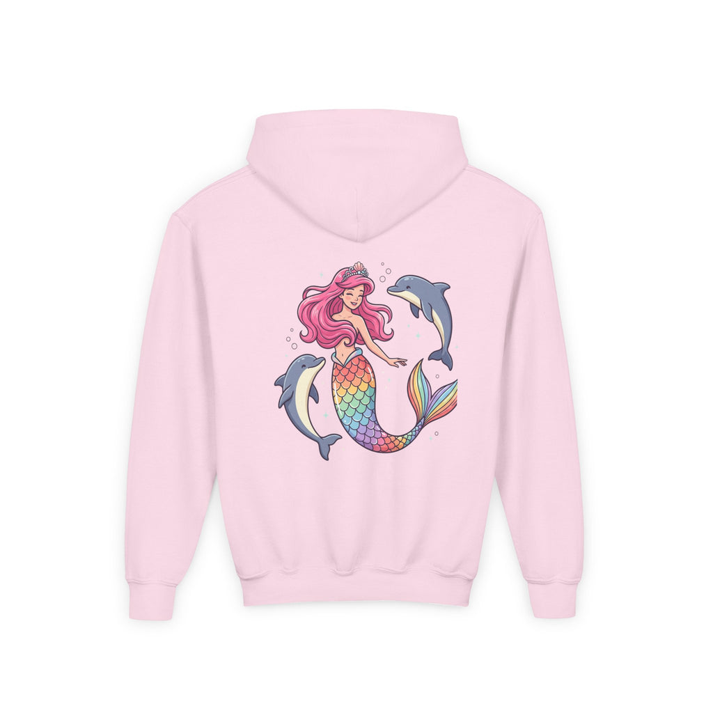 Youth Mermaid Hoodie with Rainbow Tail & Dolphins – Cute Girls' Pullover