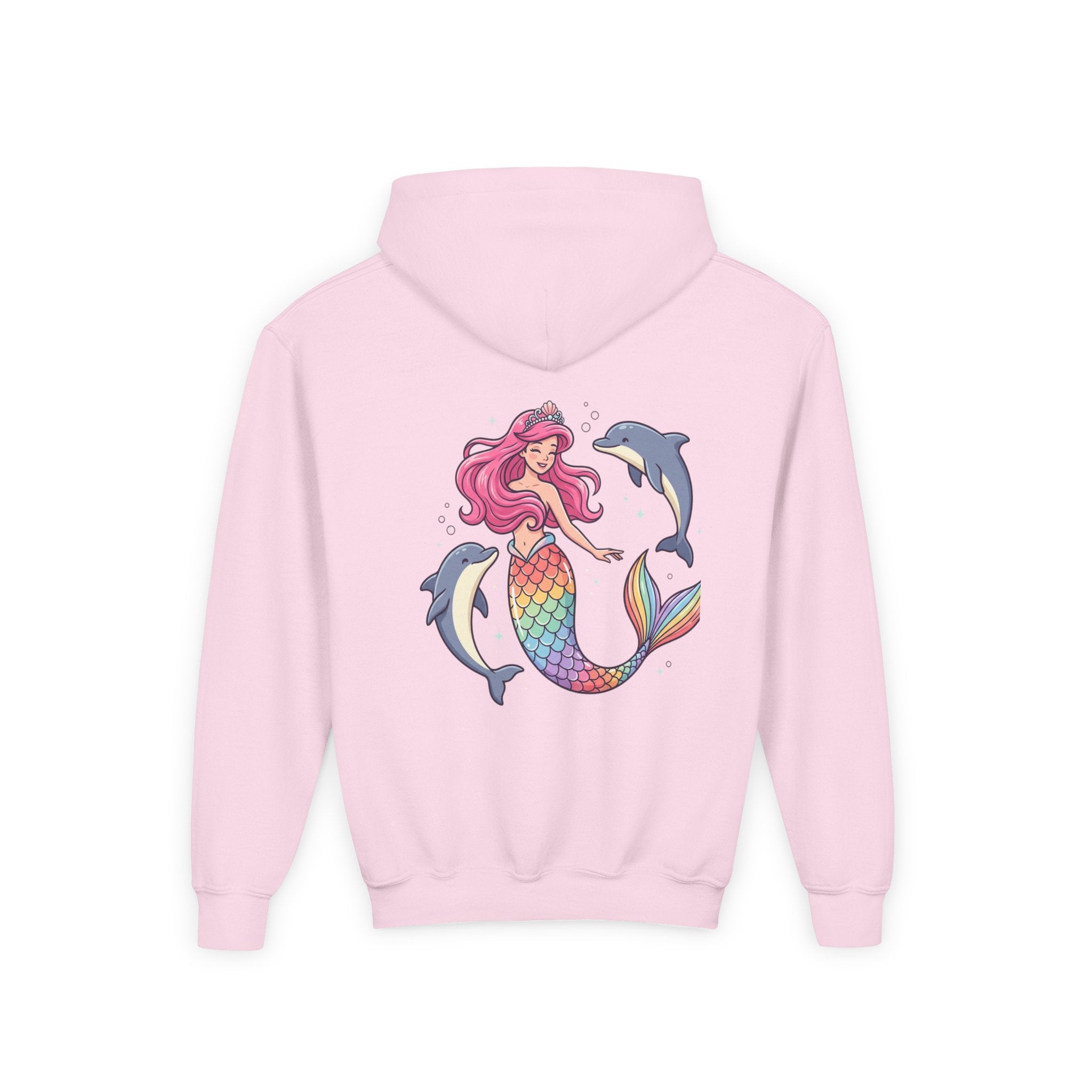 Youth Mermaid Hoodie with Rainbow Tail & Dolphins – Cute Girls' Pullover