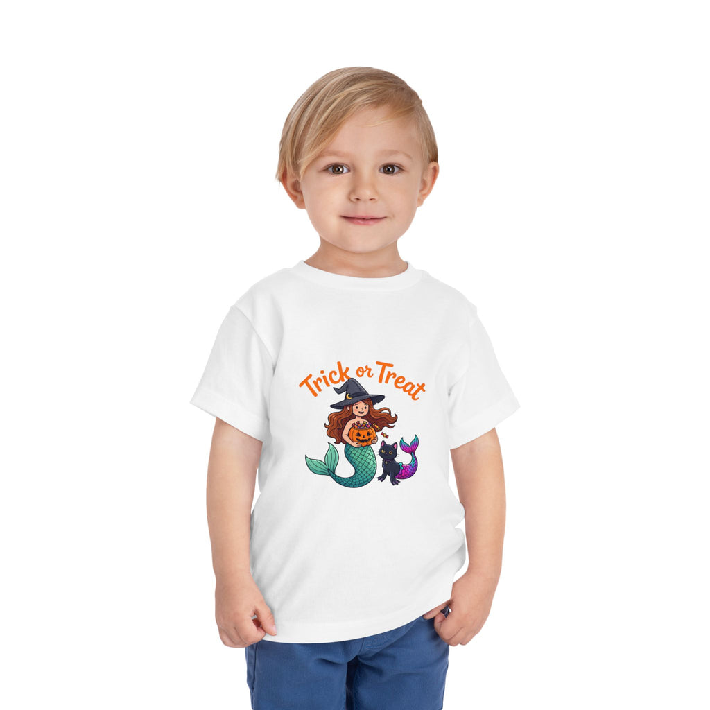 Toddler Halloween Mermaid Tee – "Trick or Treat" Witch Mermaid with Pumpkin & Black Cat