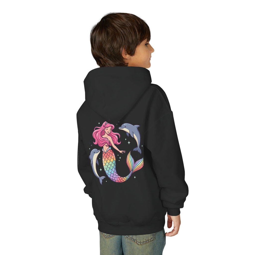 Youth Mermaid Hoodie with Rainbow Tail & Dolphins – Cute Girls' Pullover