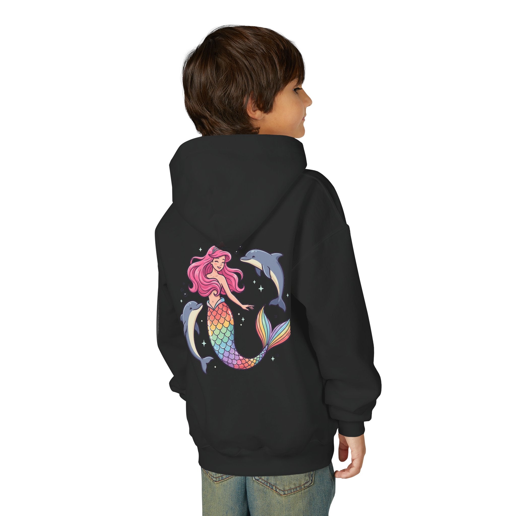 Youth Mermaid Hoodie with Rainbow Tail & Dolphins – Cute Girls' Pullover