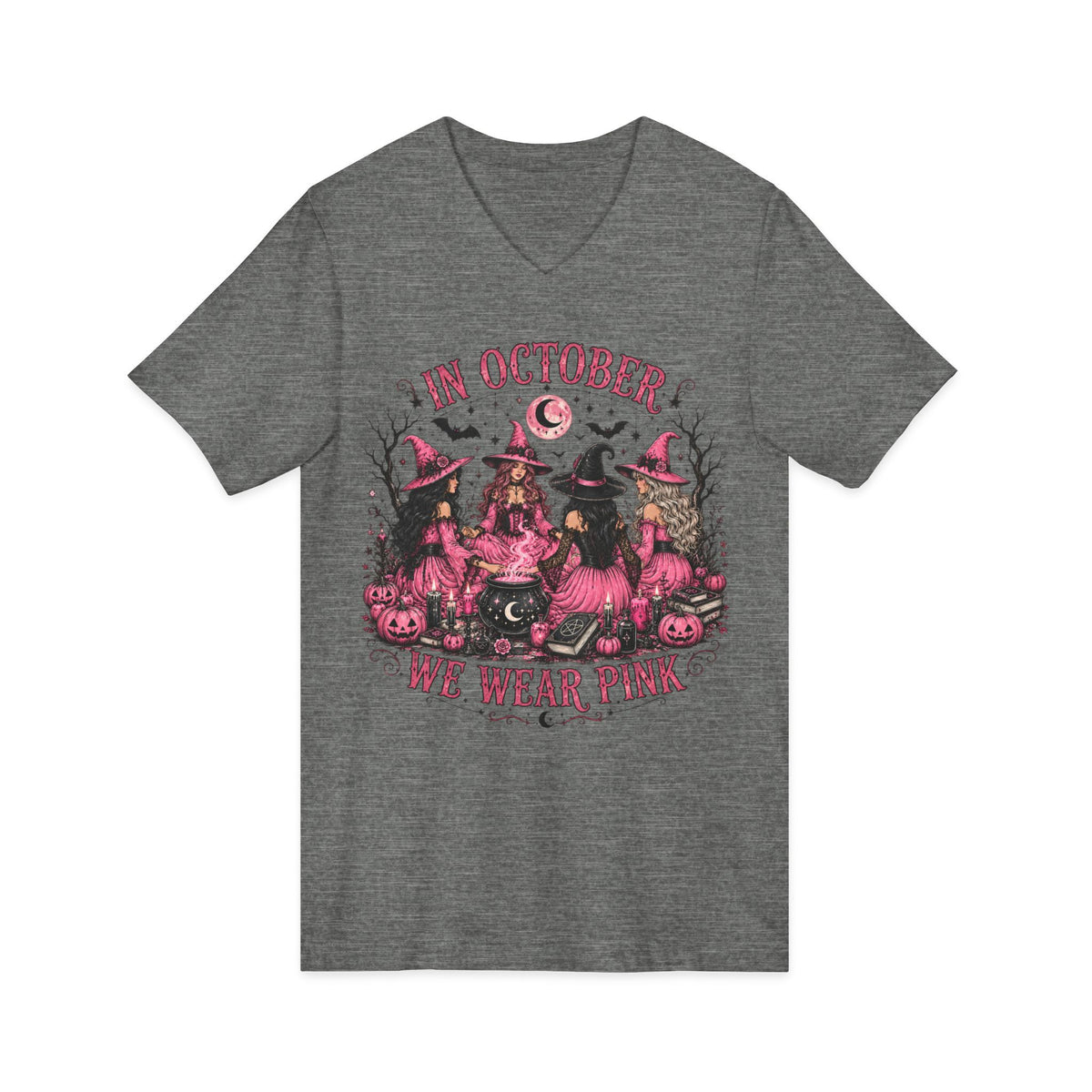October We Wear Pink Halloween Tee — Breast Cancer Awareness Witch Design