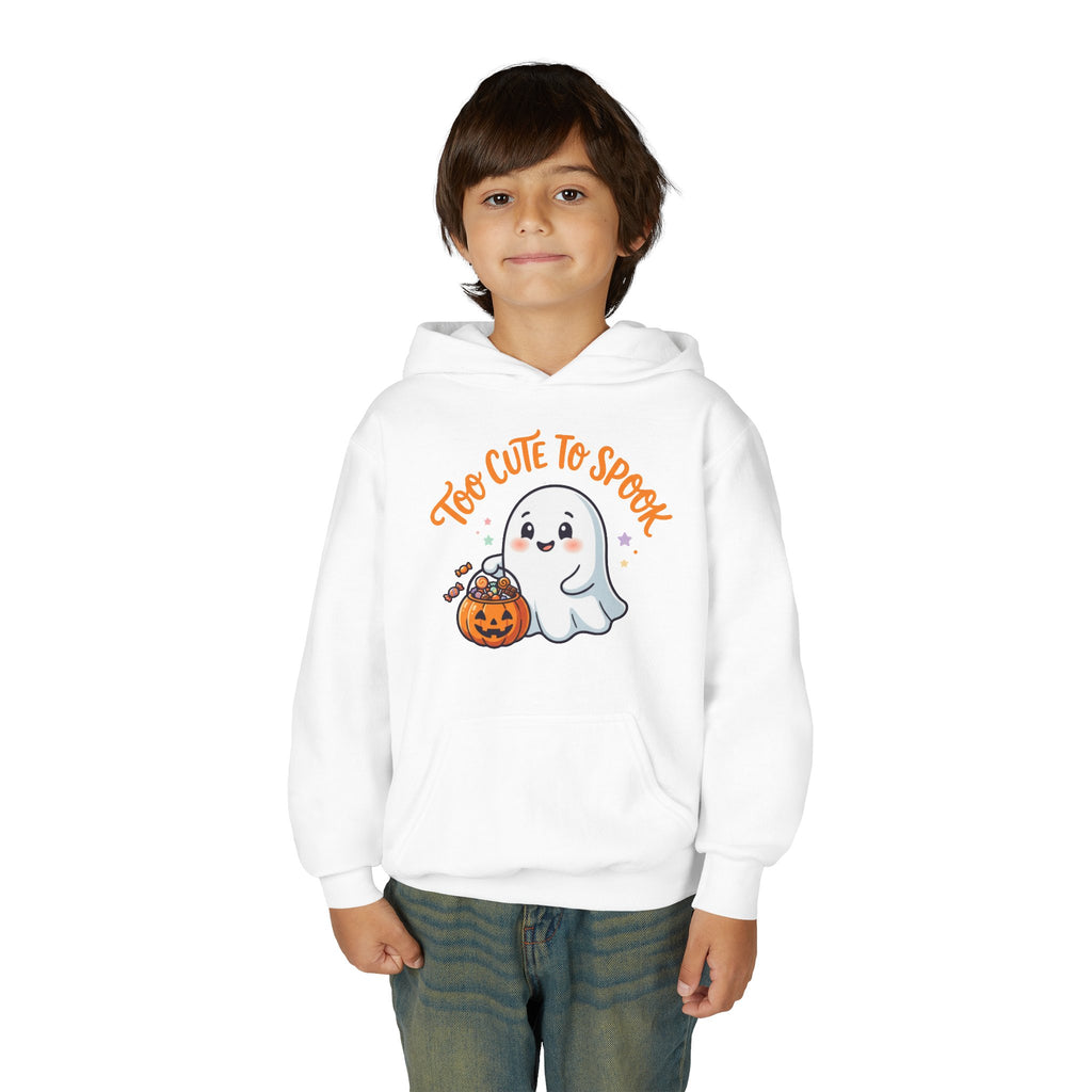 Youth Halloween Ghost Hoodie - "Too Cute to Spook" Kids Pullover
