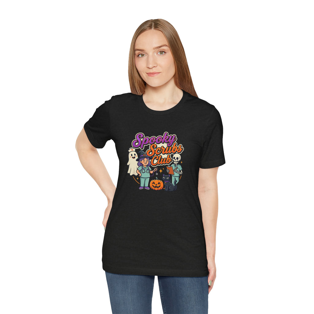 Spooky Scrubs Club Halloween Nurse T-Shirt — Cute Ghost & Pumpkin Medical Tee