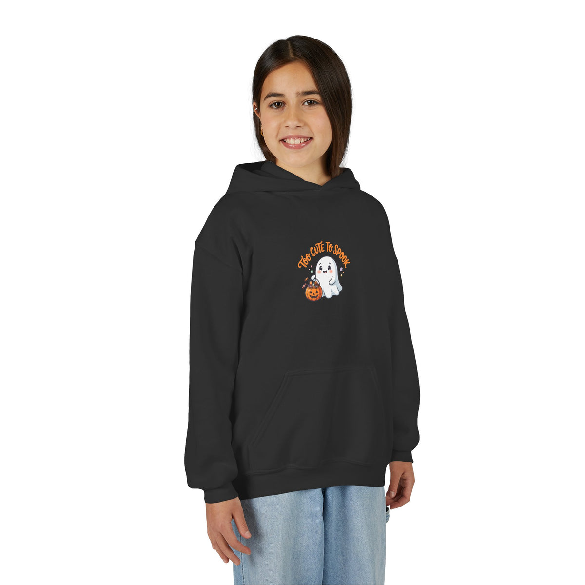 Youth Halloween Ghost Hoodie - "Too Cute to Spook" Kids Pullover