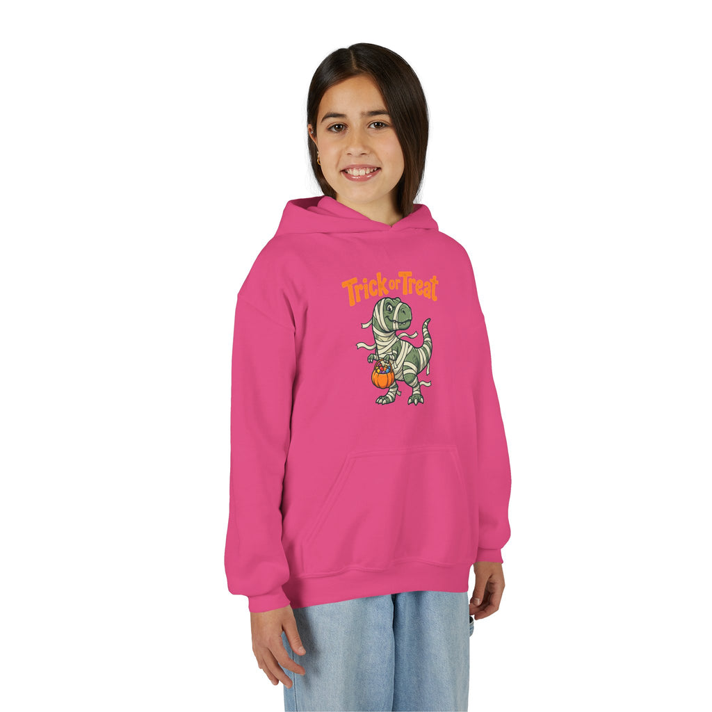 Halloween Mummy T-Rex Youth Hoodie — "Trick or Treat" Dinosaur Kids Sweatshirt