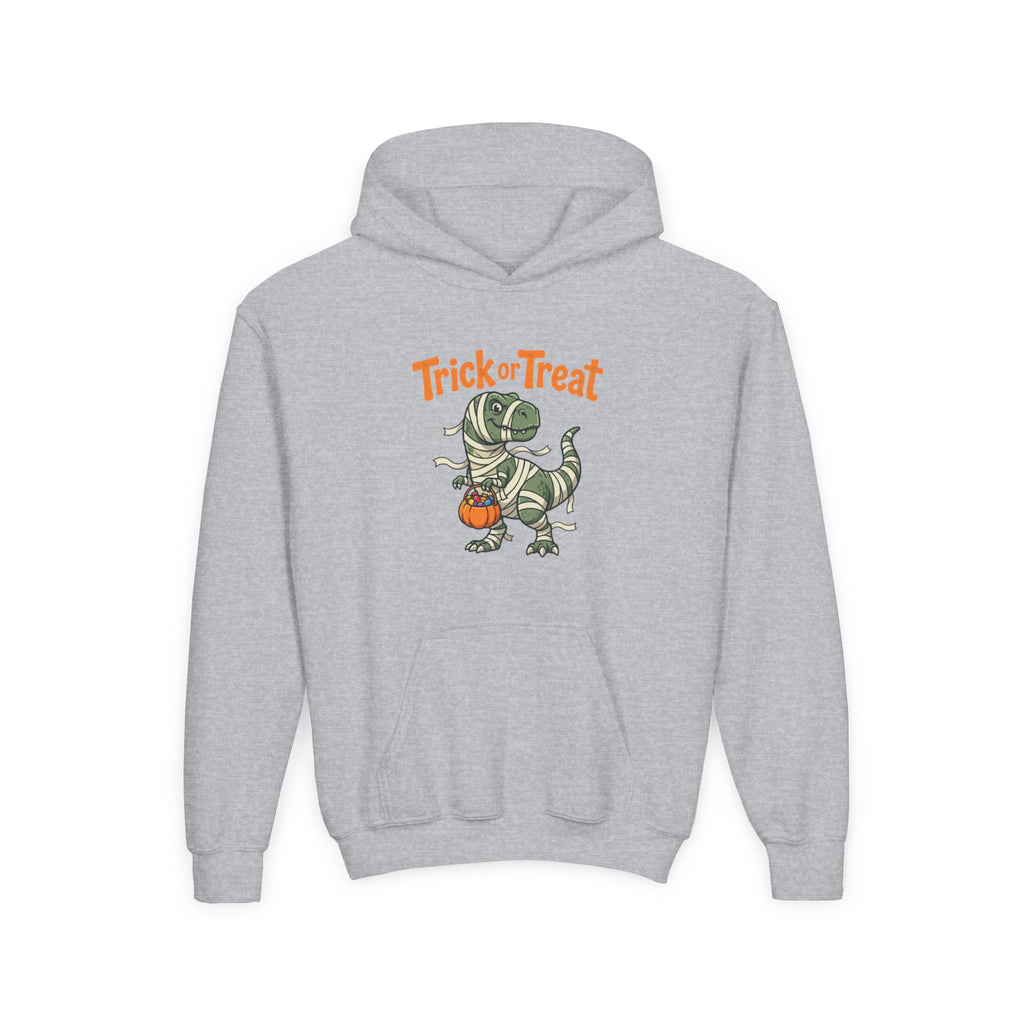 Halloween Mummy T-Rex Youth Hoodie — "Trick or Treat" Dinosaur Kids Sweatshirt
