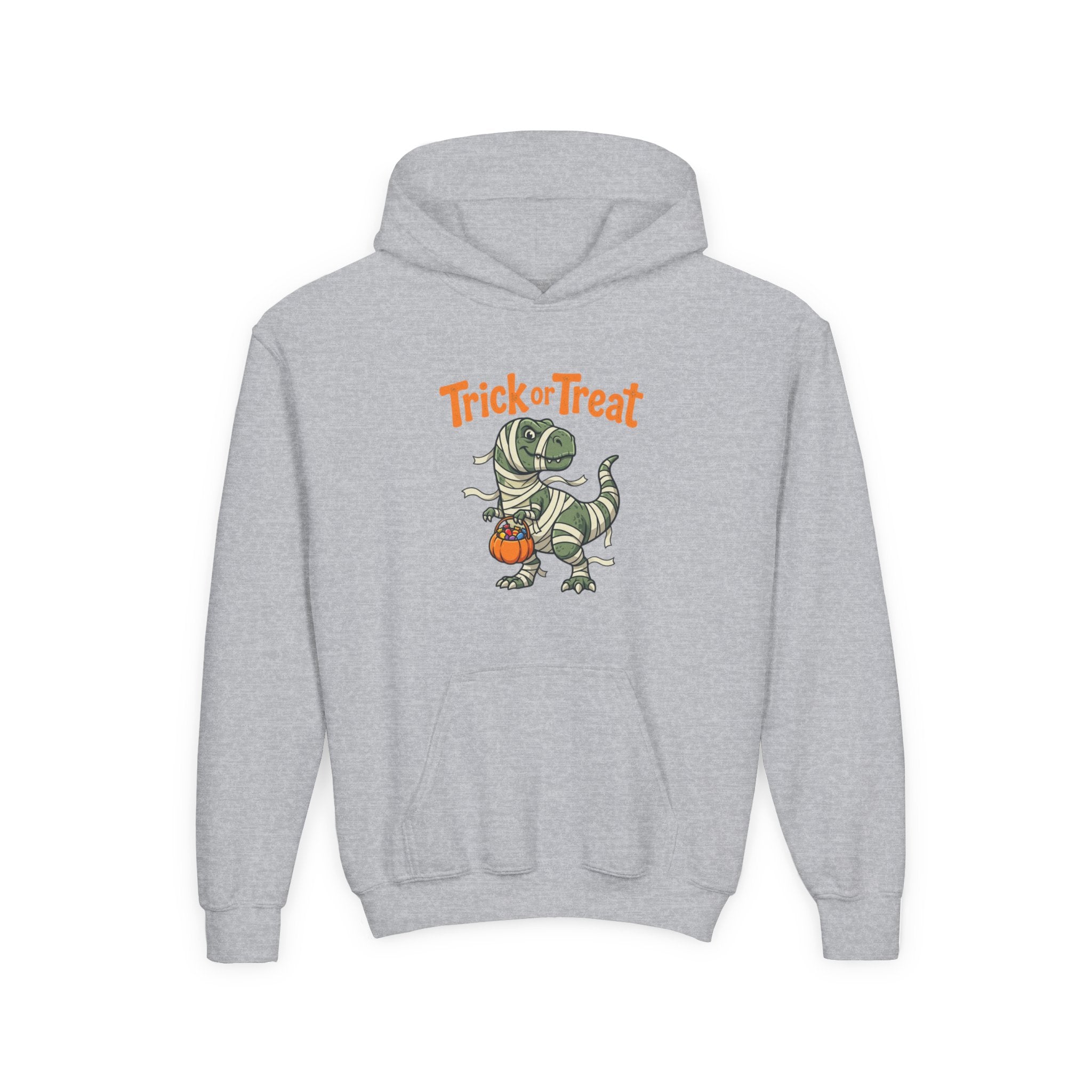 Halloween Mummy T-Rex Youth Hoodie — "Trick or Treat" Dinosaur Kids Sweatshirt