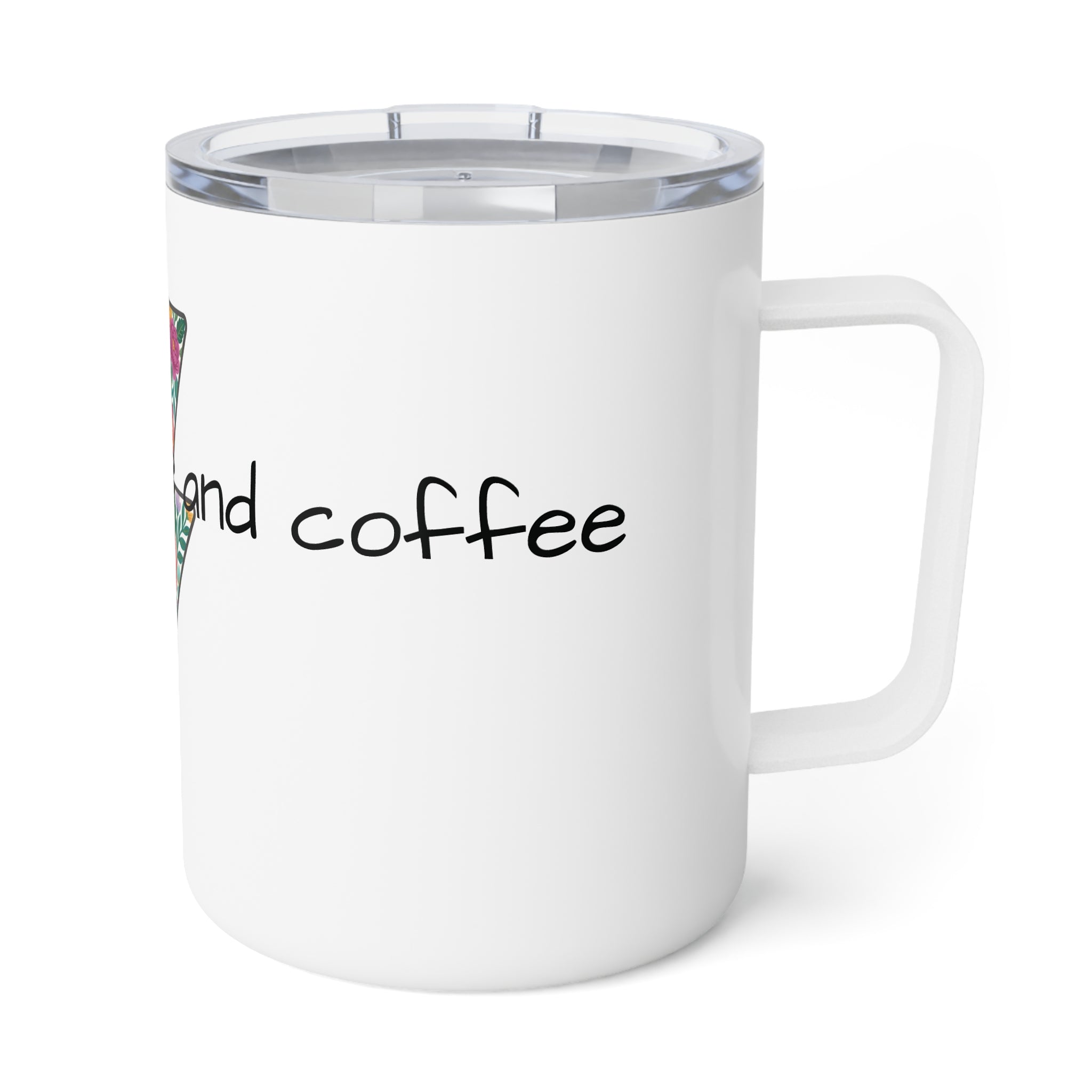 Floral Lightning Bolt Insulated Coffee Mug — "Powered by Love and Coffee" 10oz