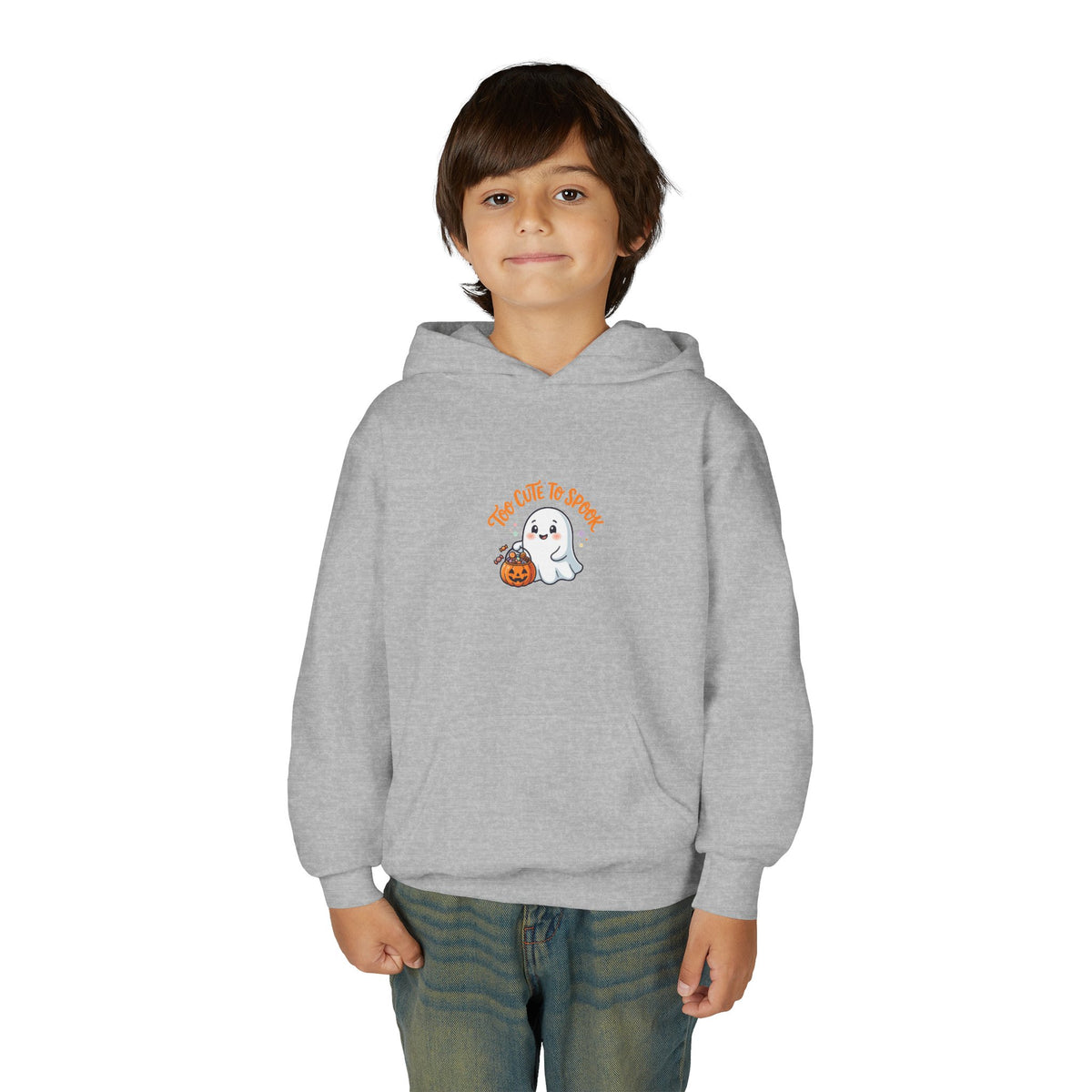 Youth Halloween Ghost Hoodie - "Too Cute to Spook" Kids Pullover