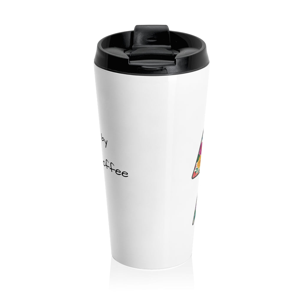 Travel Mug — Colorful Floral Peace Sign with 'Powered by Love & Coffee'