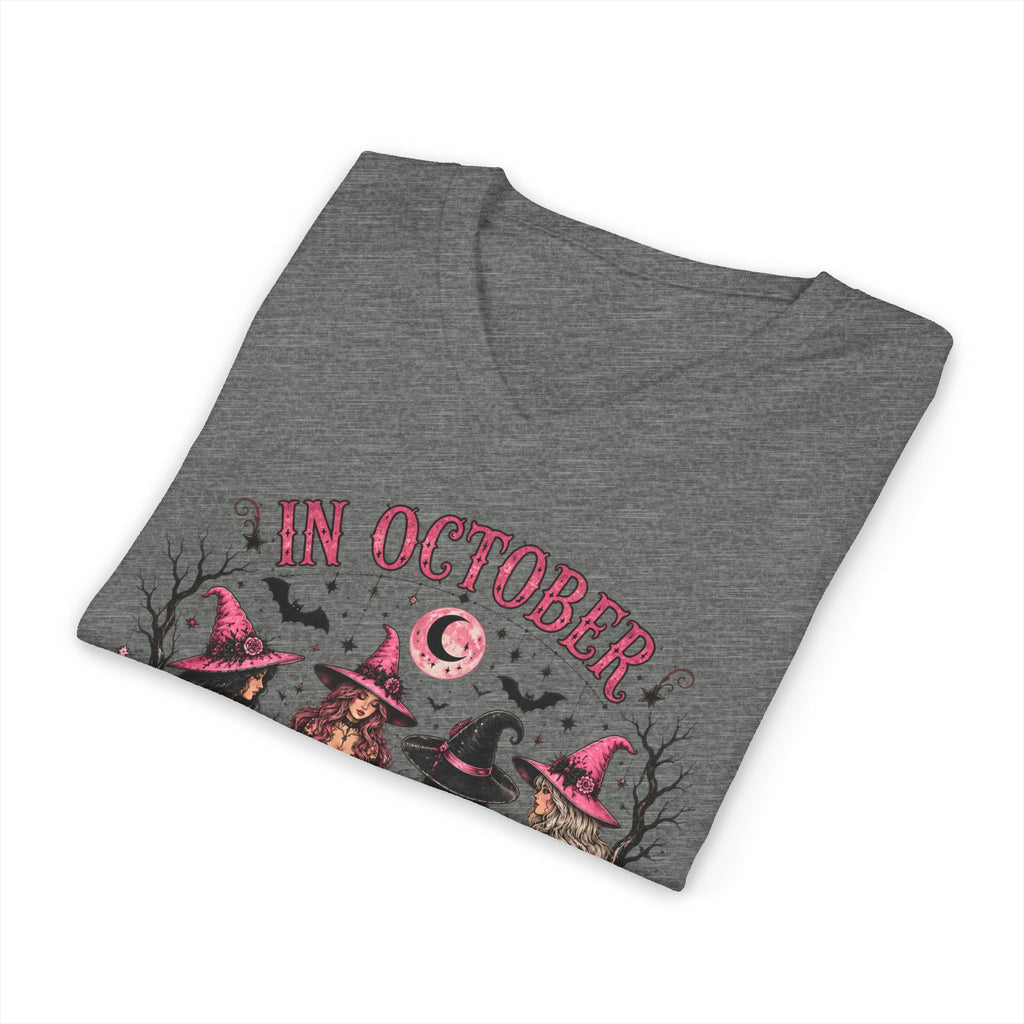 October We Wear Pink Halloween Tee — Breast Cancer Awareness Witch Design