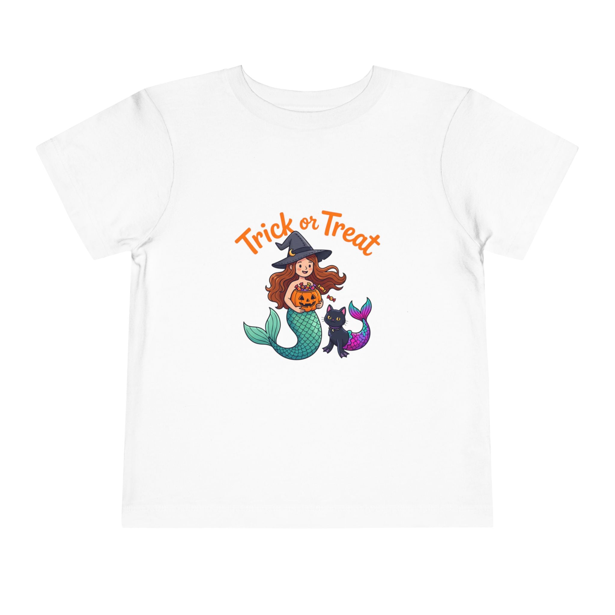 Toddler Halloween Mermaid Tee – "Trick or Treat" Witch Mermaid with Pumpkin & Black Cat