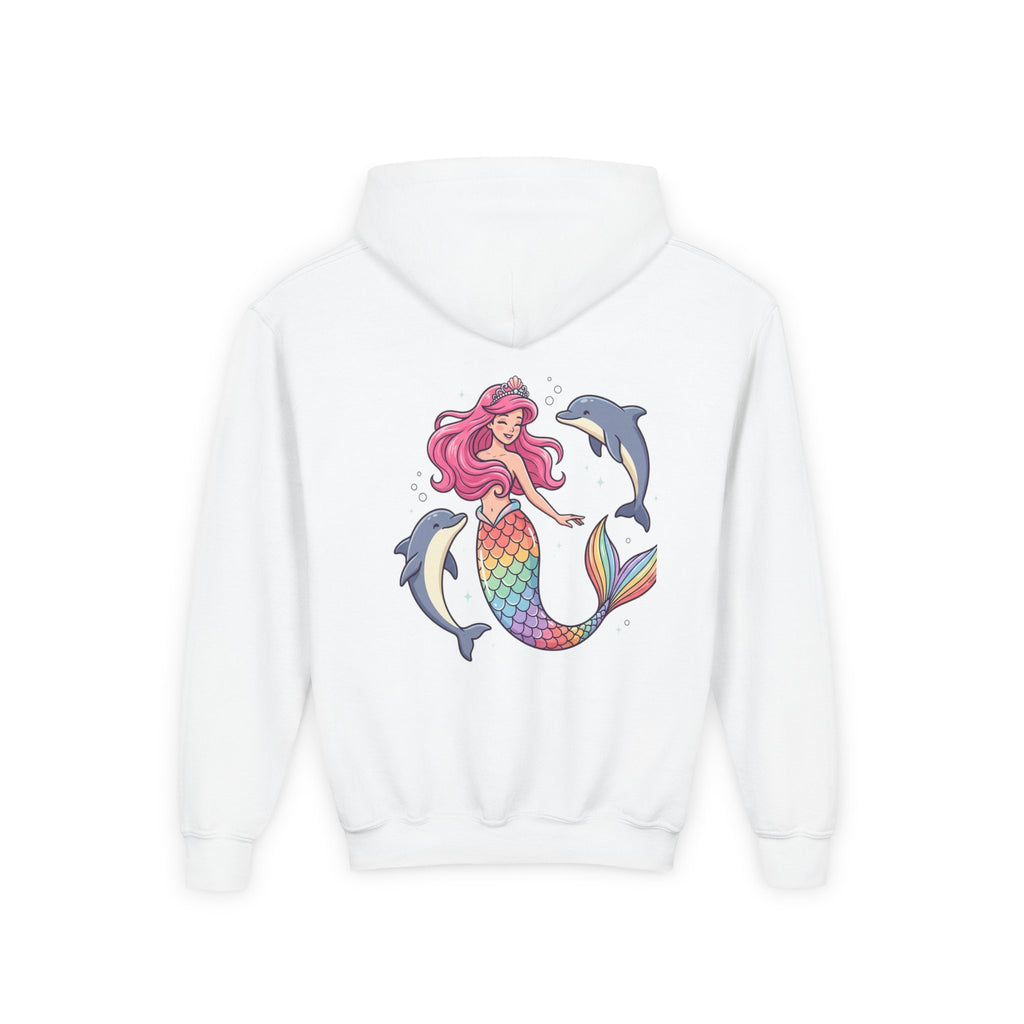 Youth Mermaid Hoodie with Rainbow Tail & Dolphins – Cute Girls' Pullover