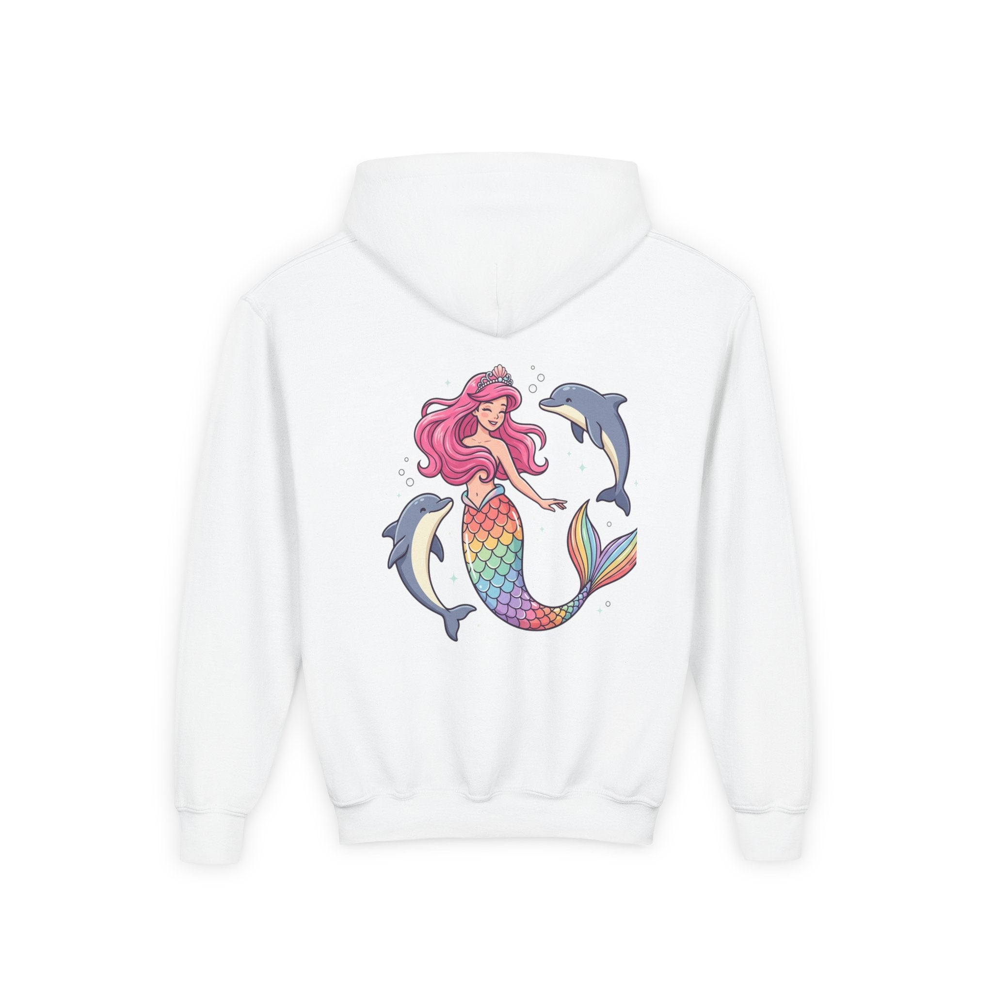 Youth Mermaid Hoodie with Rainbow Tail & Dolphins – Cute Girls' Pullover