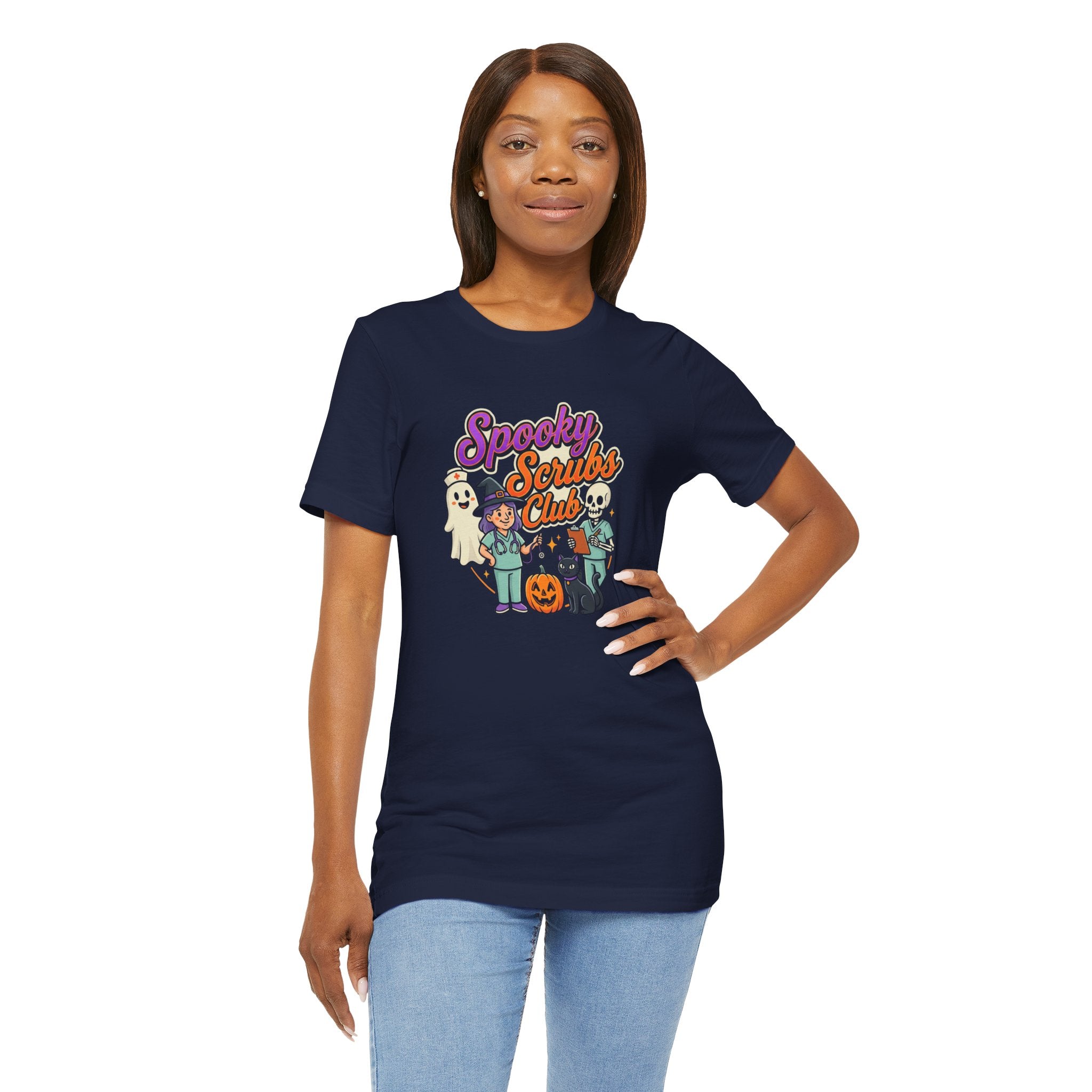 Spooky Scrubs Club Halloween Nurse T-Shirt — Cute Ghost & Pumpkin Medical Tee