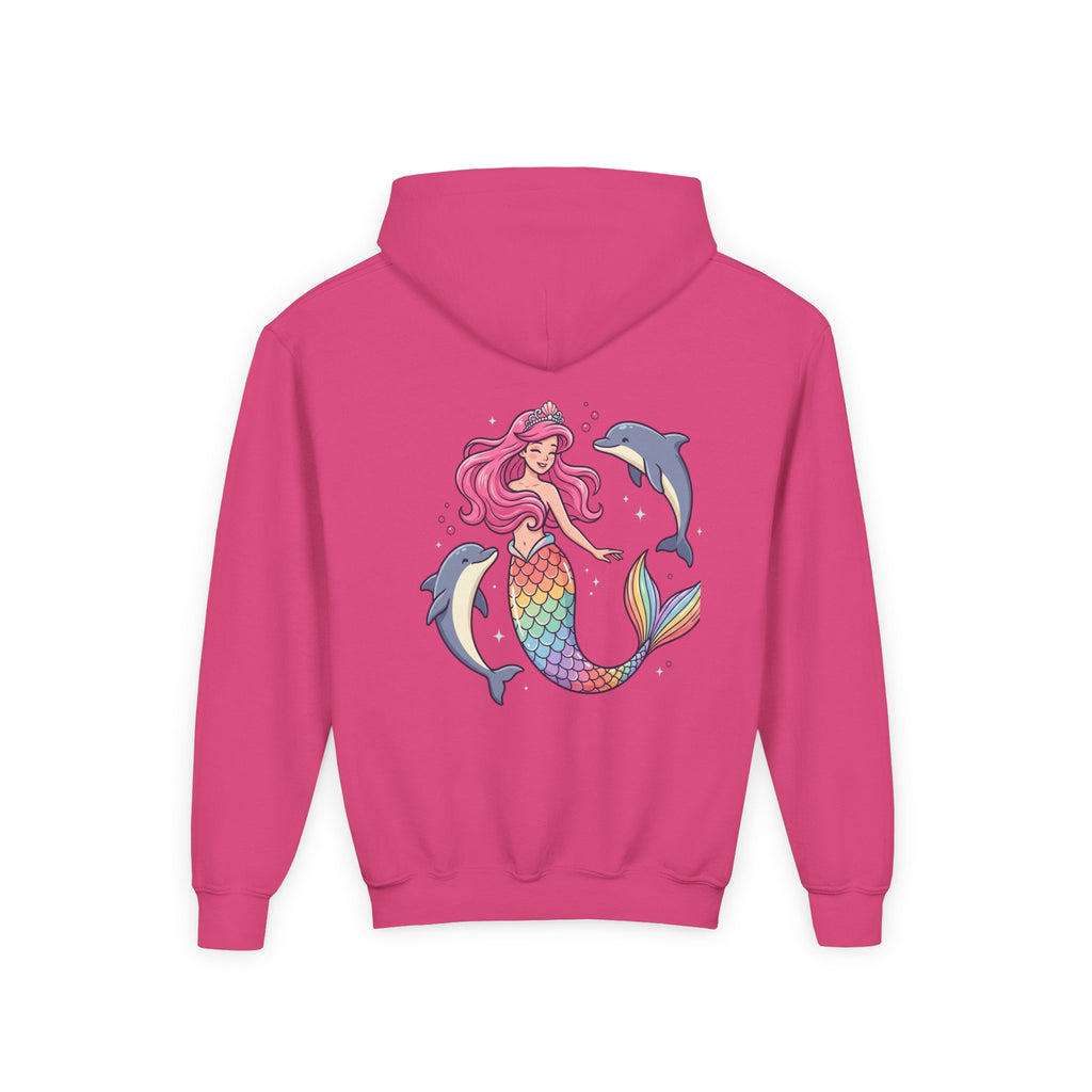 Youth Mermaid Hoodie with Rainbow Tail & Dolphins – Cute Girls' Pullover