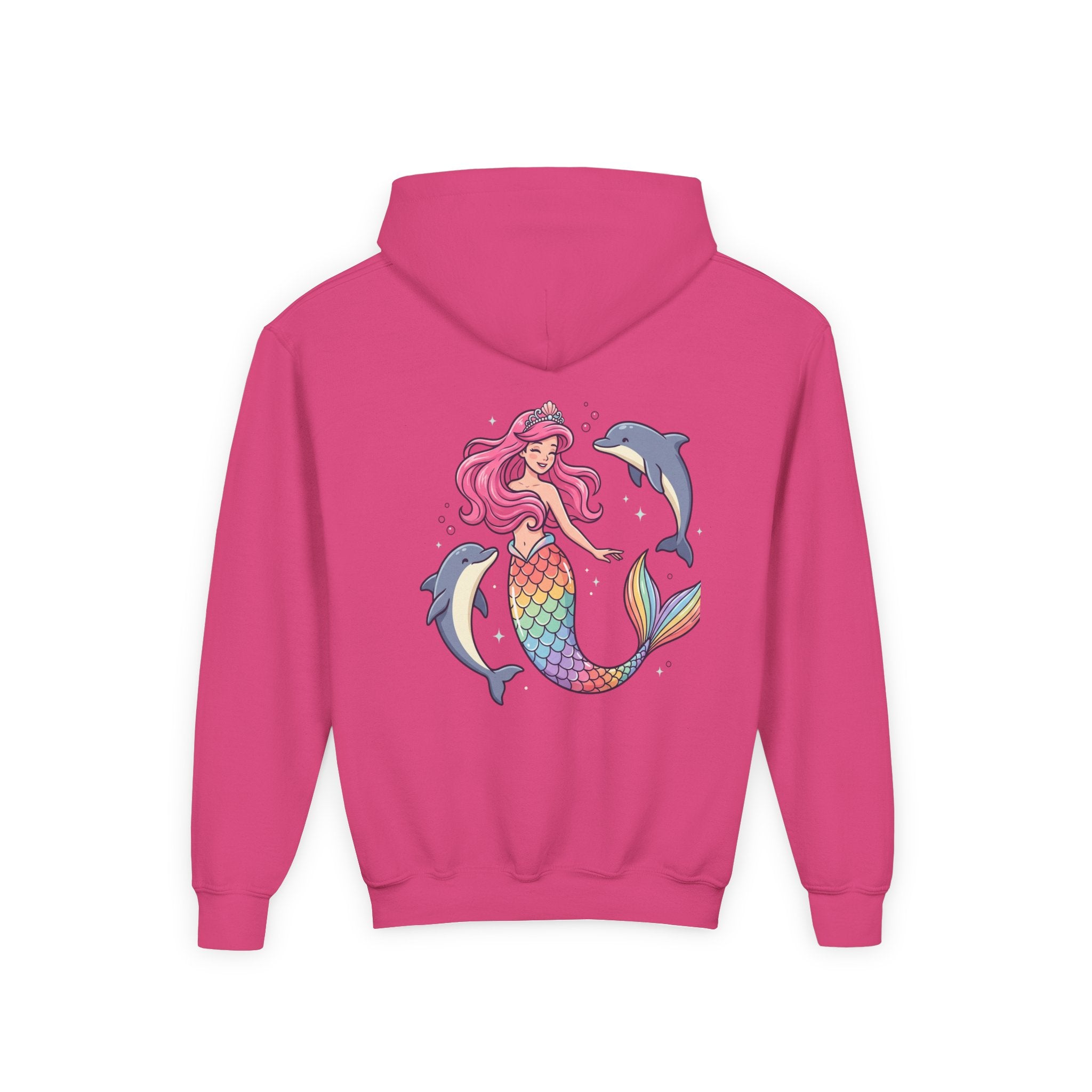 Youth Mermaid Hoodie with Rainbow Tail & Dolphins – Cute Girls' Pullover