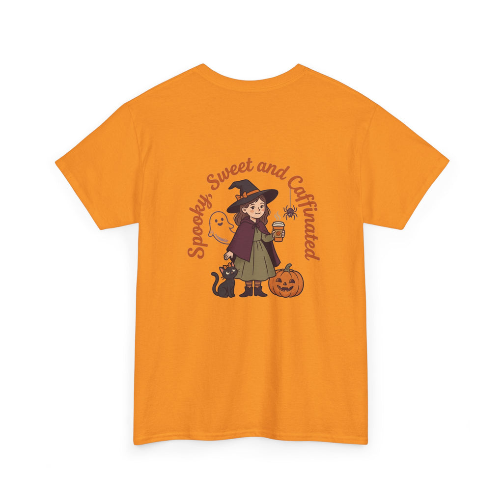 Spooky Sweet and Caffeinated Tee | Witch with Pumpkin and Cat