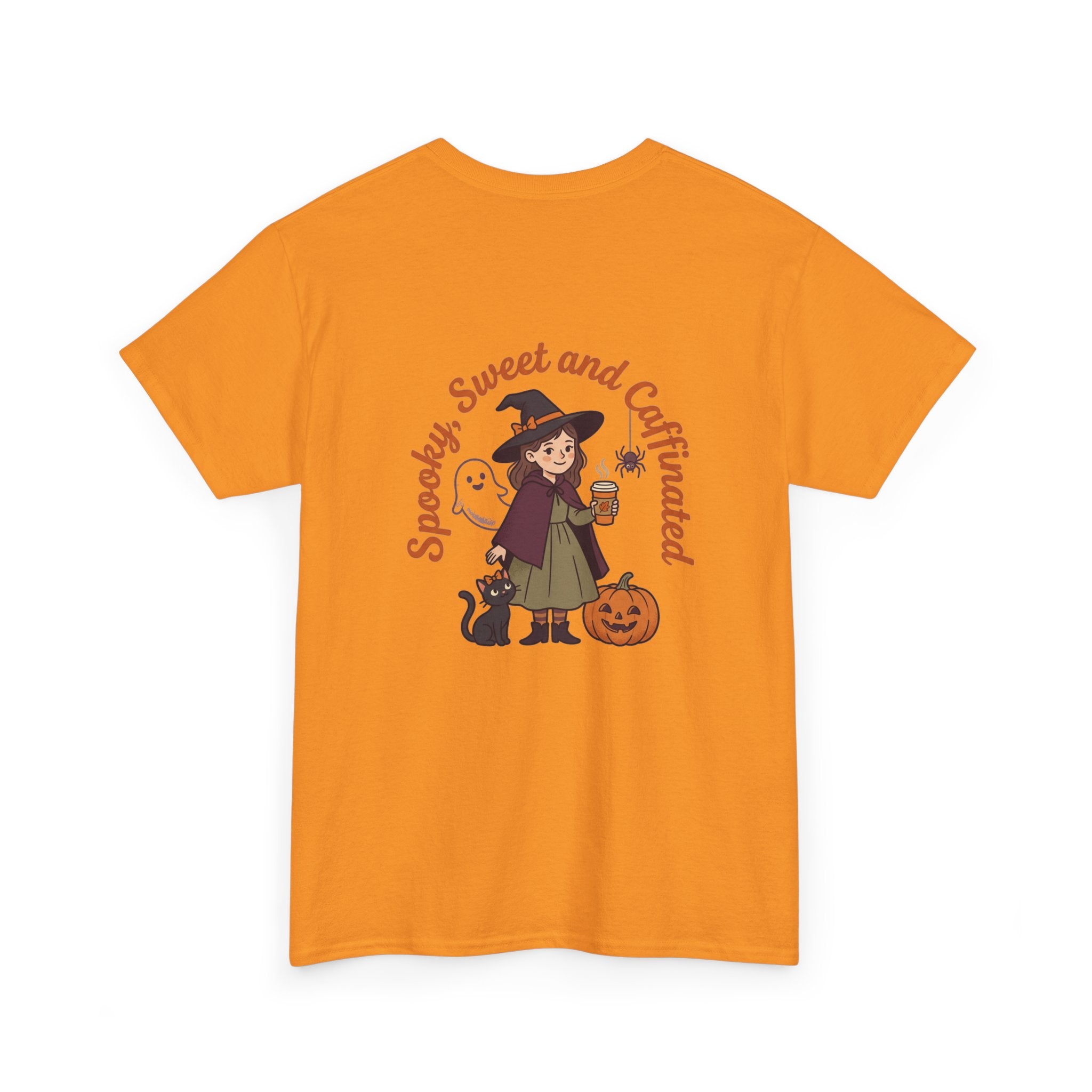 Spooky Sweet and Caffeinated Tee | Witch with Pumpkin and Cat