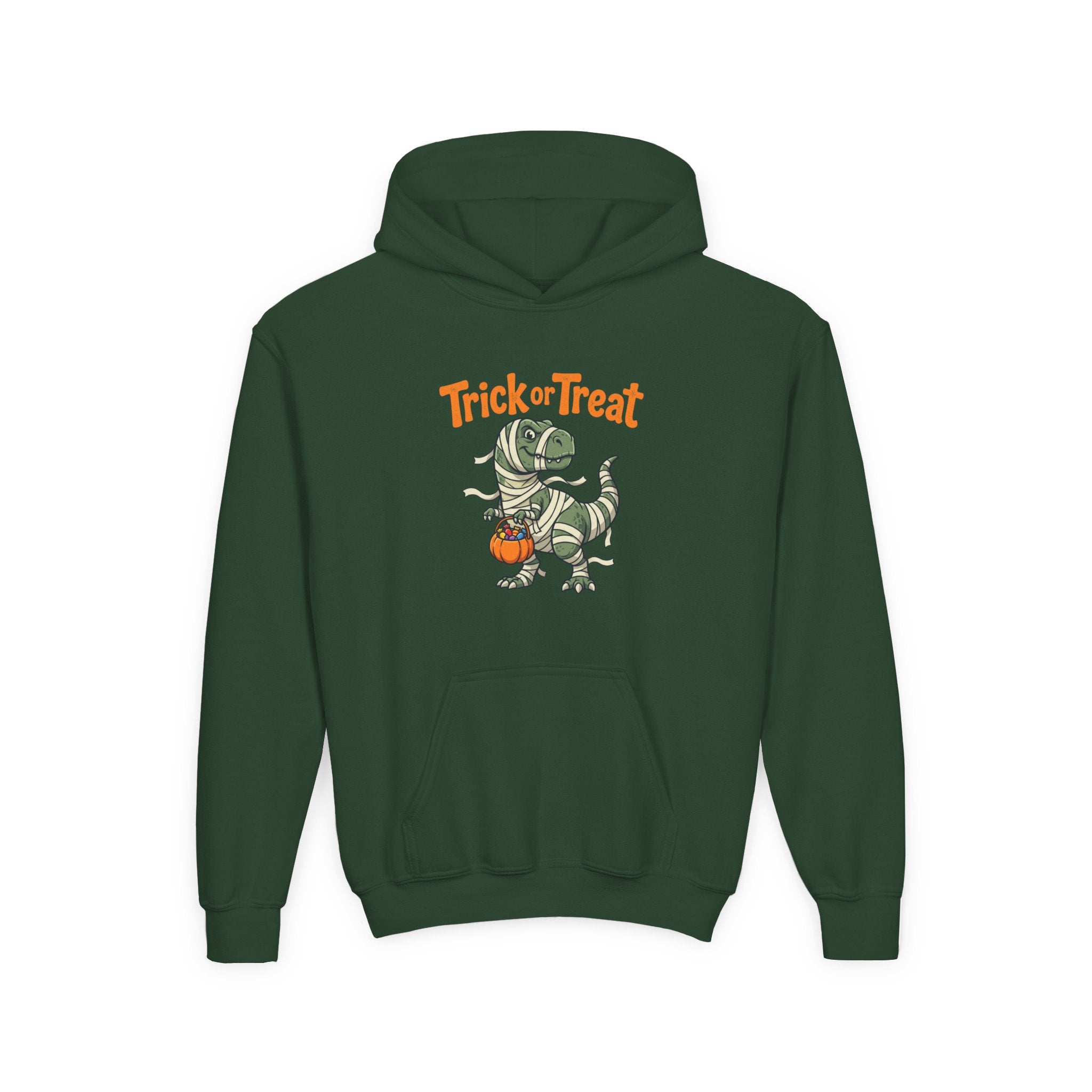 Halloween Mummy T-Rex Youth Hoodie — "Trick or Treat" Dinosaur Kids Sweatshirt