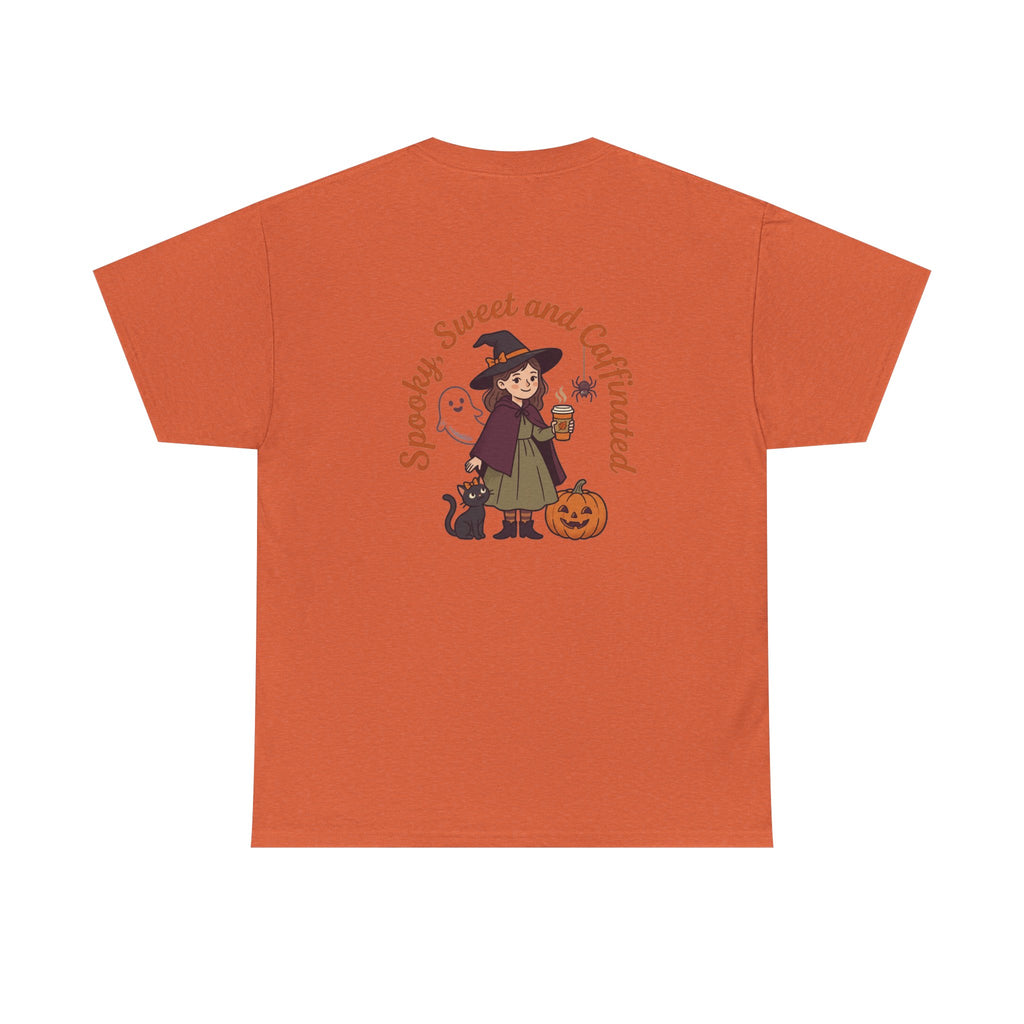 Spooky Sweet and Caffeinated Tee | Witch with Pumpkin and Cat
