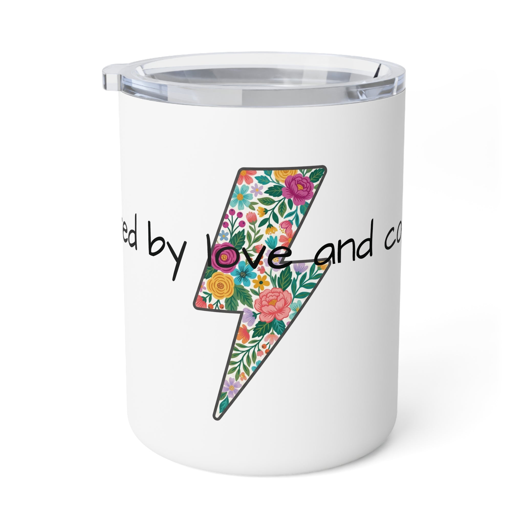 Floral Lightning Bolt Insulated Coffee Mug — "Powered by Love and Coffee" 10oz