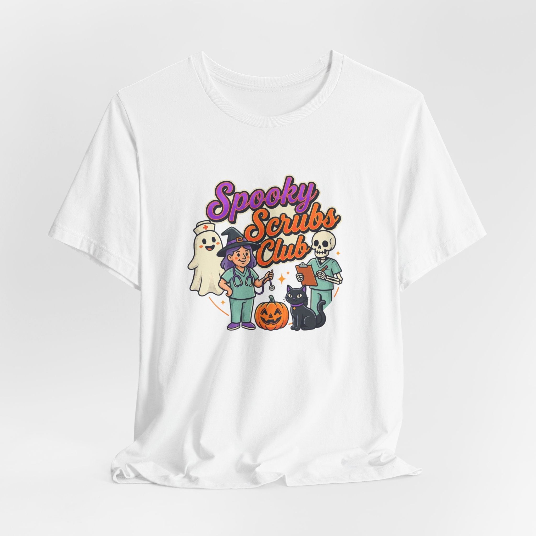 Spooky Scrubs Club Halloween Nurse T-Shirt — Cute Ghost & Pumpkin Medical Tee