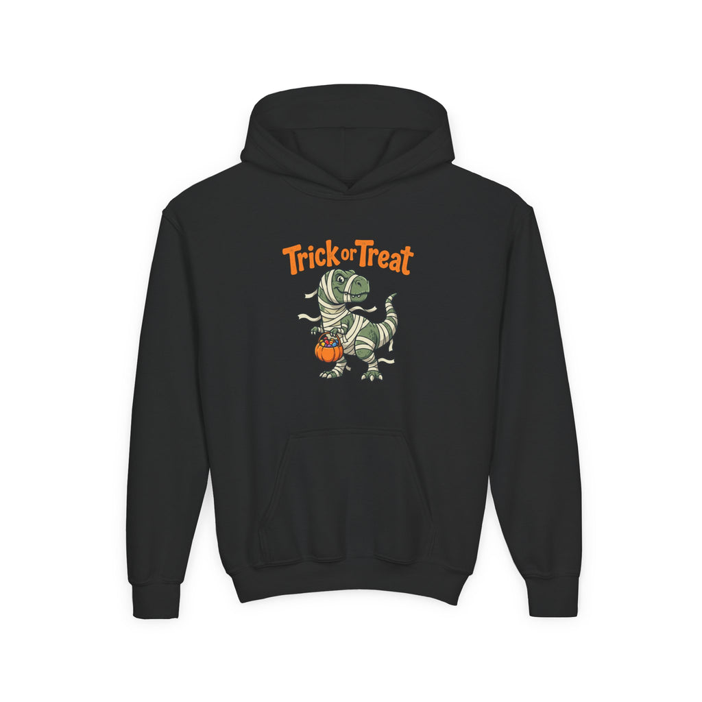 Halloween Mummy T-Rex Youth Hoodie — "Trick or Treat" Dinosaur Kids Sweatshirt