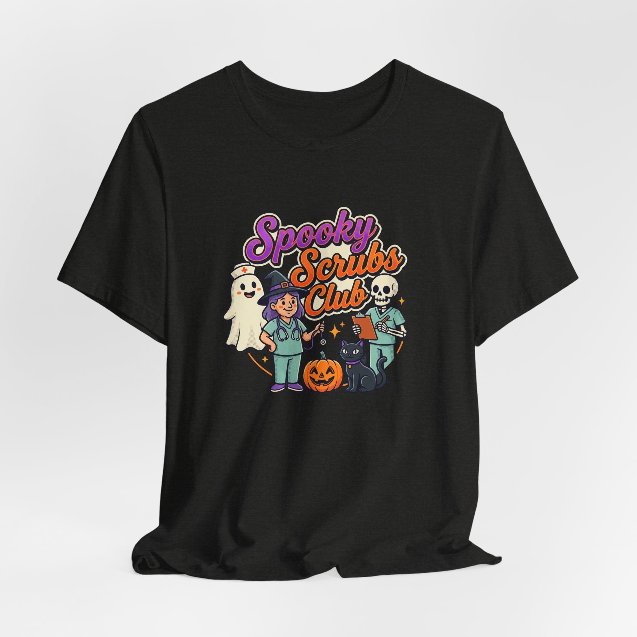 Spooky Scrubs Club Halloween Nurse T-Shirt — Cute Ghost & Pumpkin Medical Tee