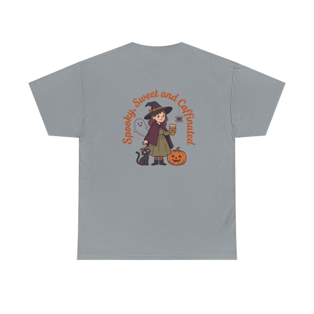 Spooky Sweet and Caffeinated Tee | Witch with Pumpkin and Cat