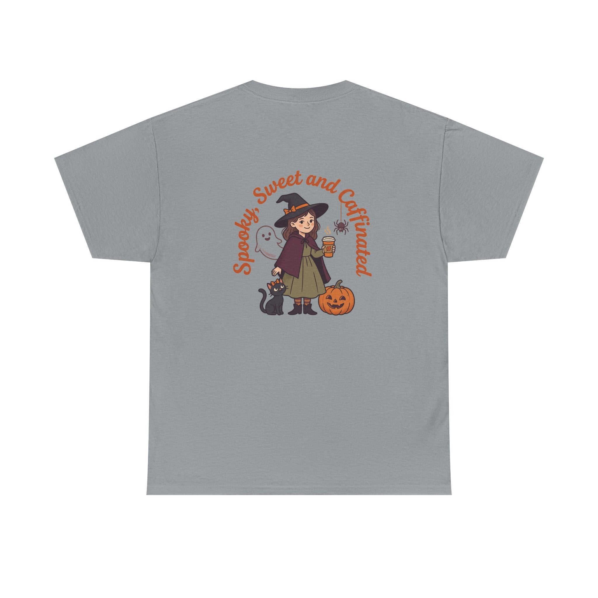 Spooky Sweet and Caffeinated Tee | Witch with Pumpkin and Cat
