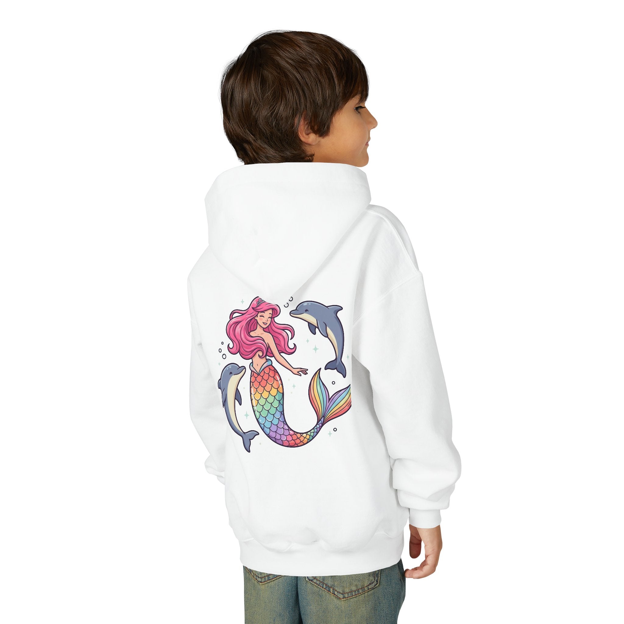 Youth Mermaid Hoodie with Rainbow Tail & Dolphins – Cute Girls' Pullover