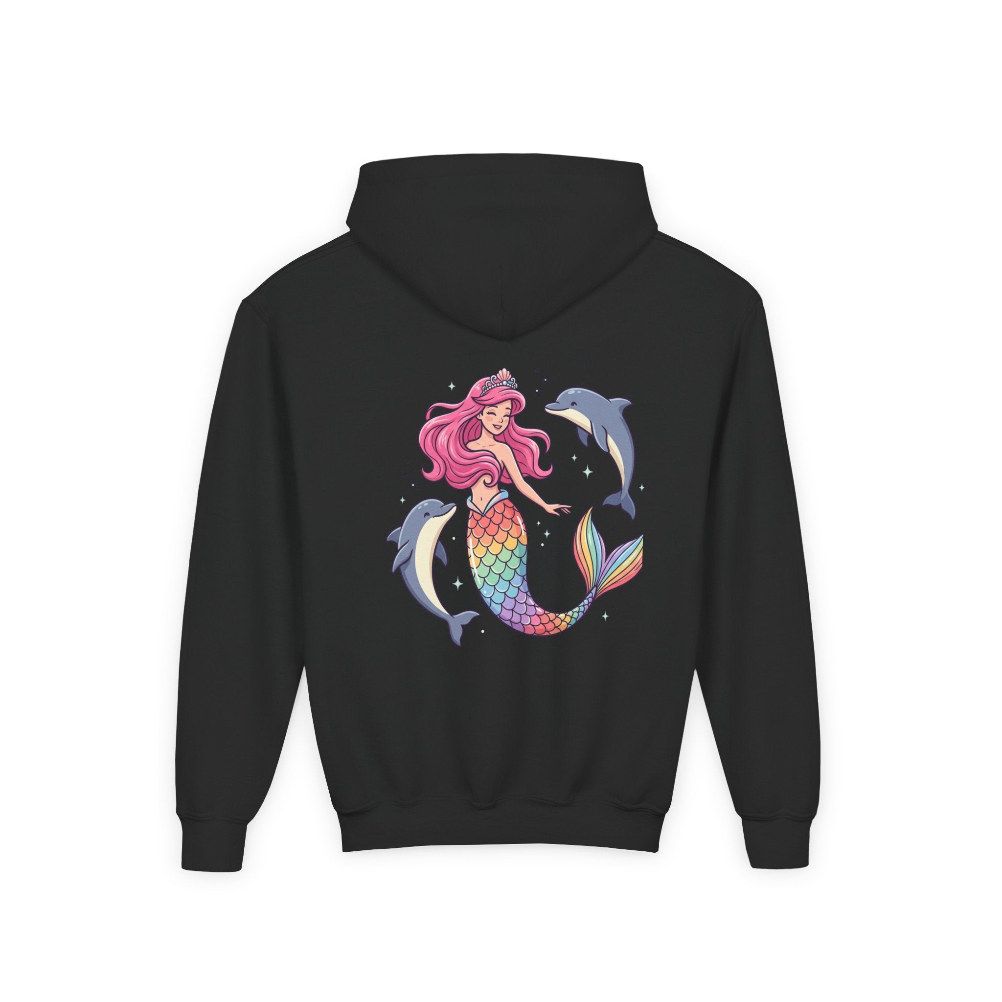 Youth Mermaid Hoodie with Rainbow Tail & Dolphins – Cute Girls' Pullover