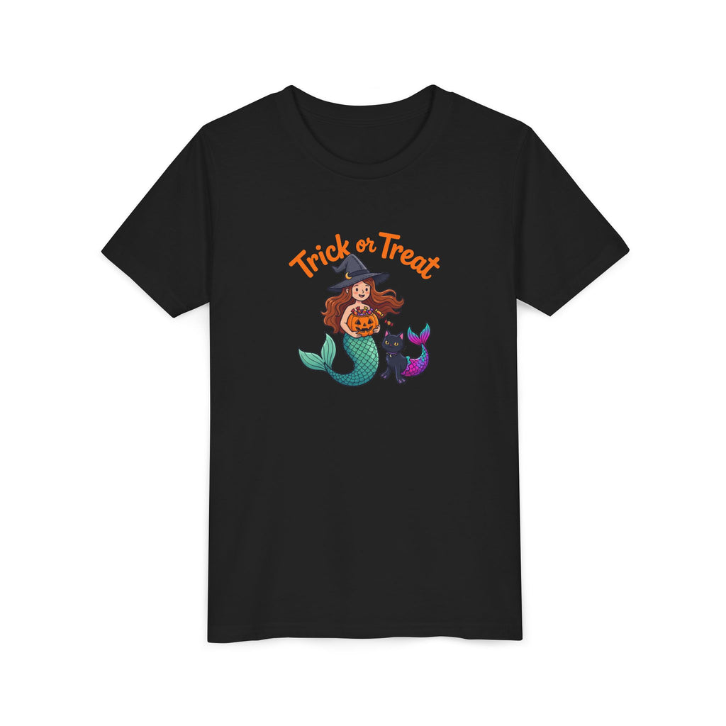 Youth Halloween Mermaid Tee – "Trick or Treat" Witch Mermaid with Black Cat