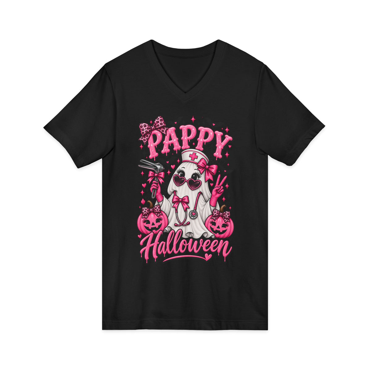 Pappy Halloween V-Neck Tee — Cute Pink Ghost Grandpa Halloween Shirt