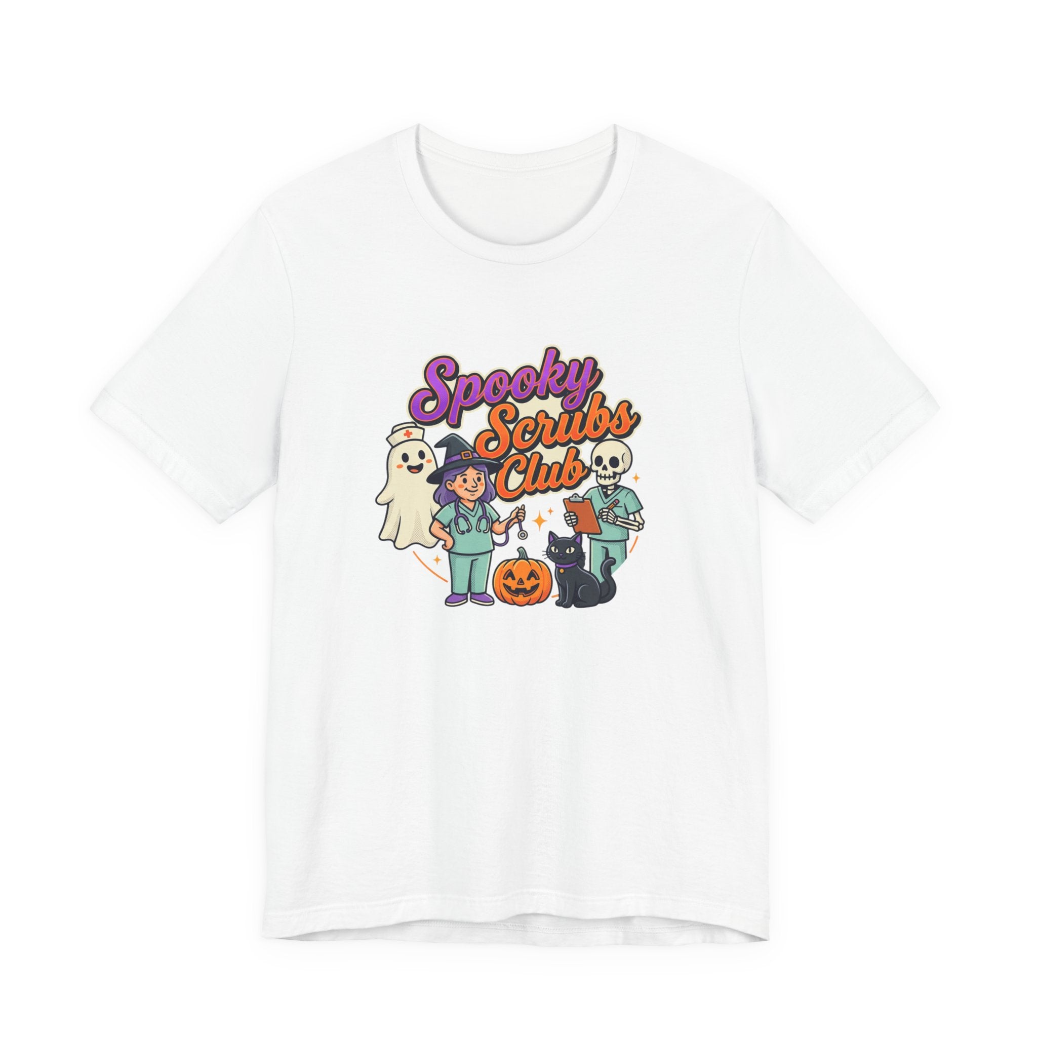 Spooky Scrubs Club Halloween Nurse T-Shirt — Cute Ghost & Pumpkin Medical Tee