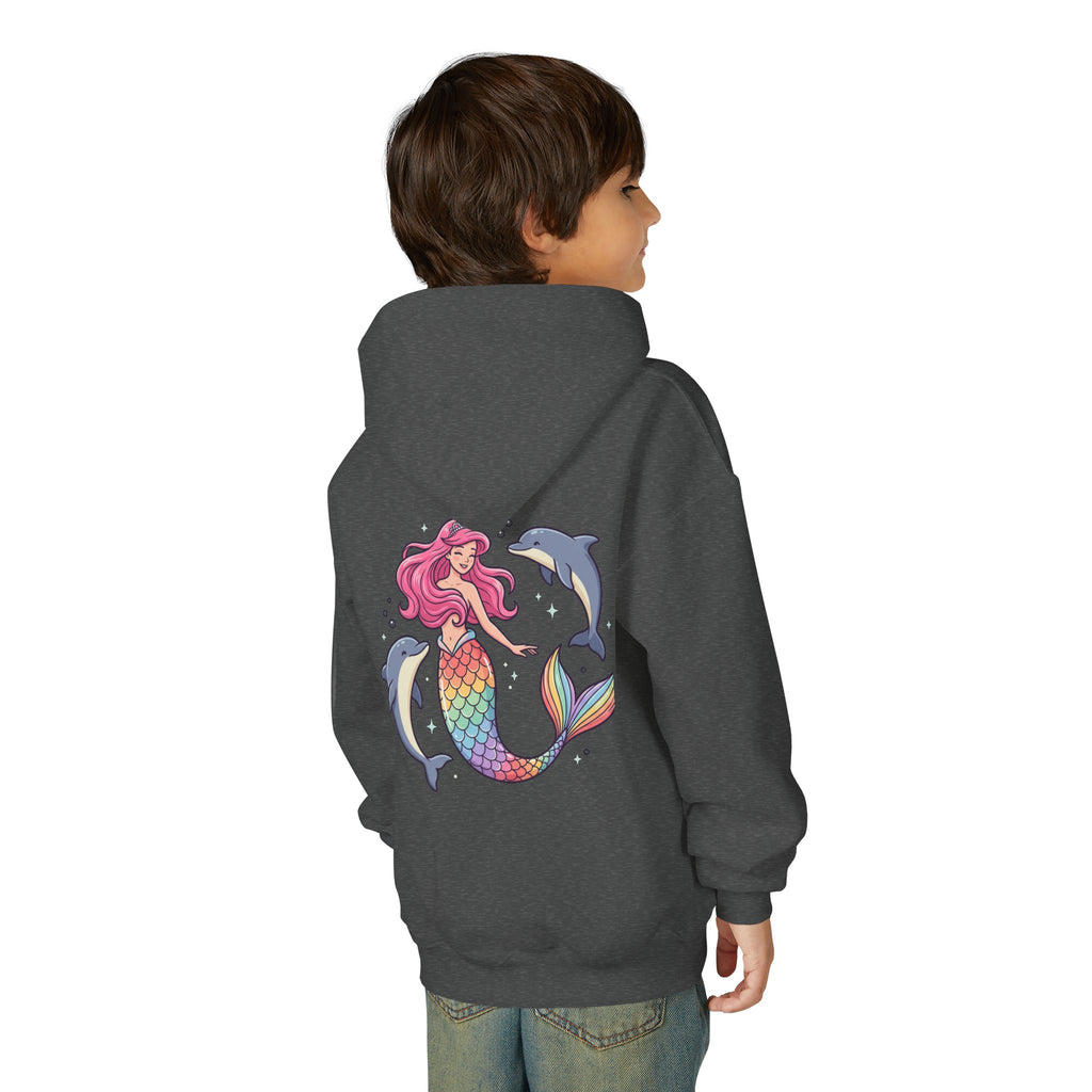 Youth Mermaid Hoodie with Rainbow Tail & Dolphins – Cute Girls' Pullover