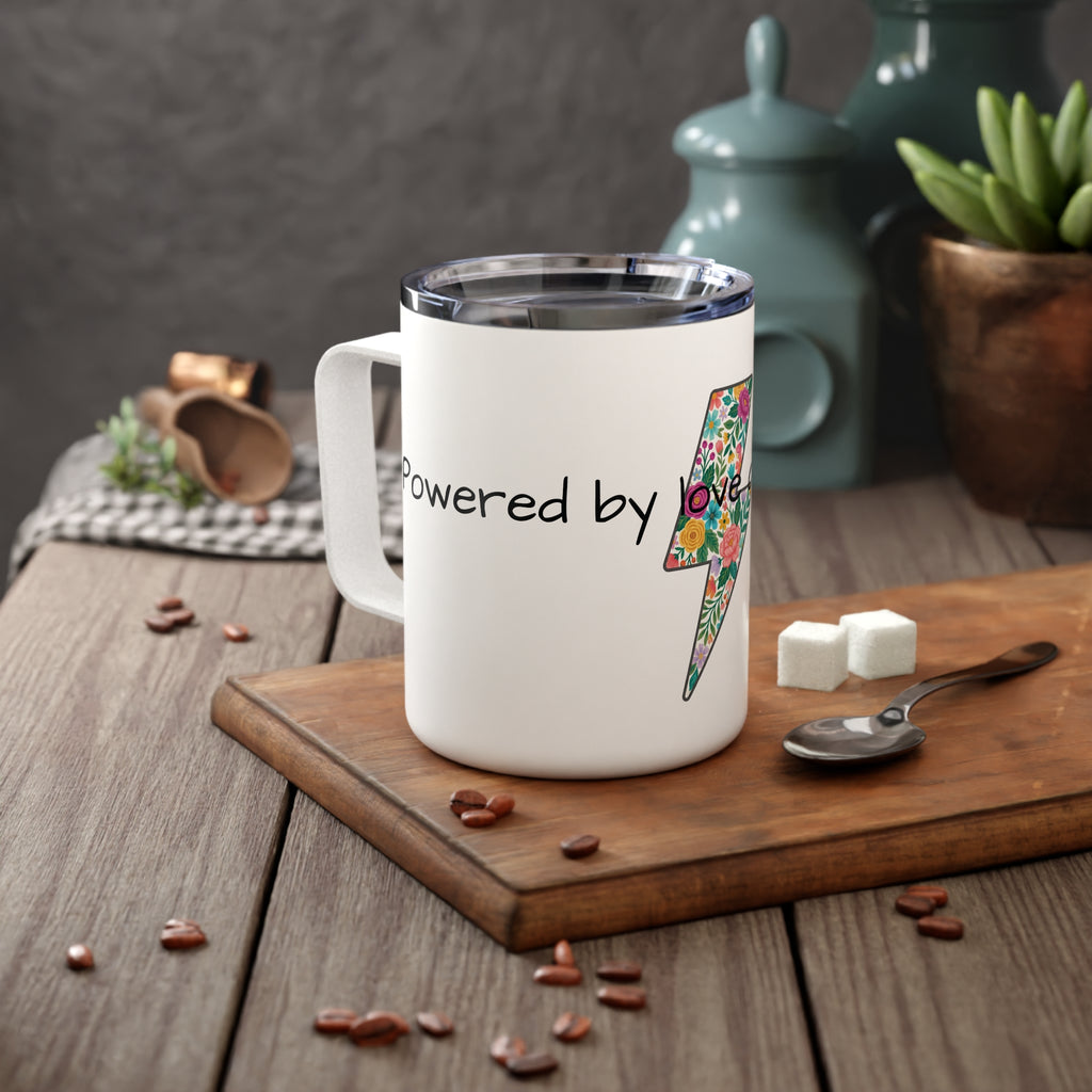Floral Lightning Bolt Insulated Coffee Mug — "Powered by Love and Coffee" 10oz