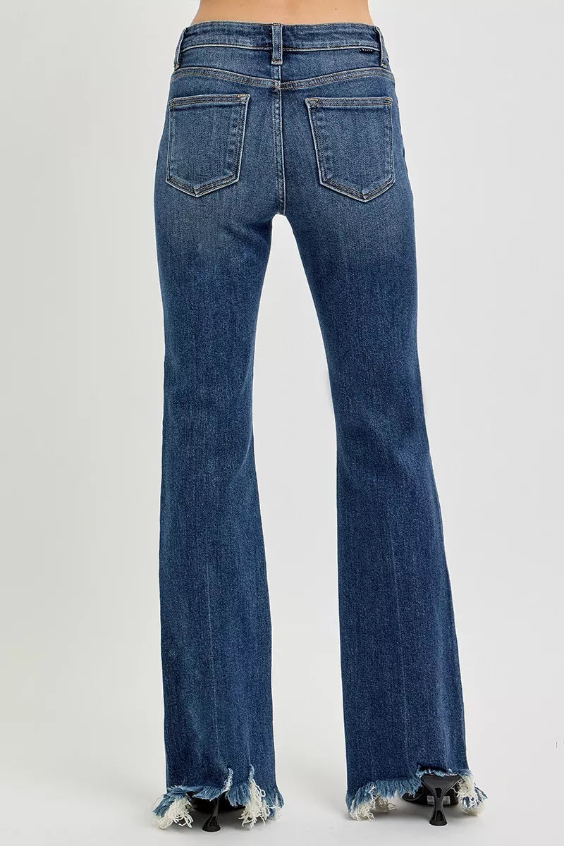 RISEN Mid Rise Chewed Frayed Hem Flared Leg Jeans