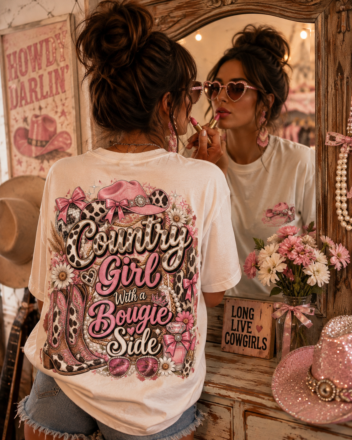 Country Girl Tee — "With a Bougie Side" Western Pink Graphic T-Shirt