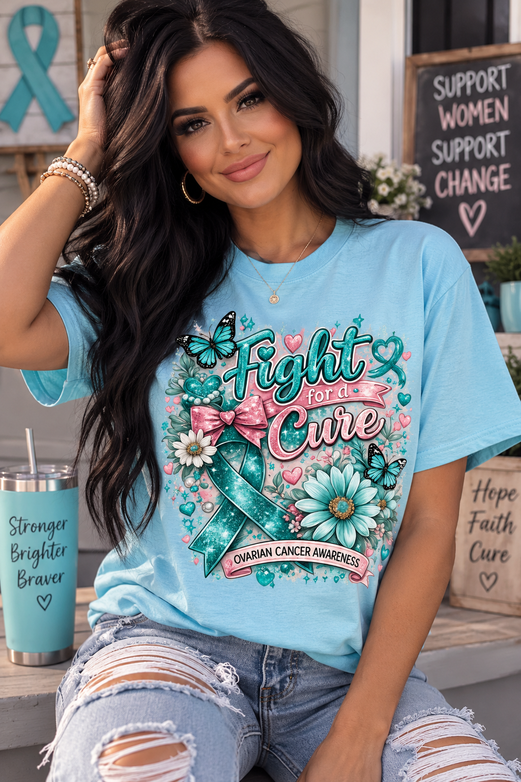Fight for the Cure Tee — Ovarian Cancer Awareness Ribbon Floral T-Shirt
